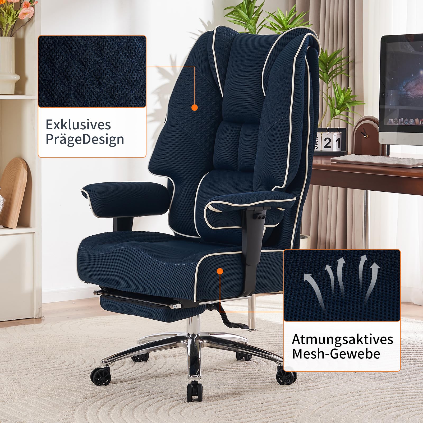 EXCEBET Chefsessel Bürostuhl Ergonomisch 200kg, Schreibtischstuhl mit Fußstütze und Atmungsaktivem Mesh, Hochlehner mit 14cm Taschenfederkern, Drehstuhl mit Höhenverstellbaren Armlehnen (Dunkelblau)