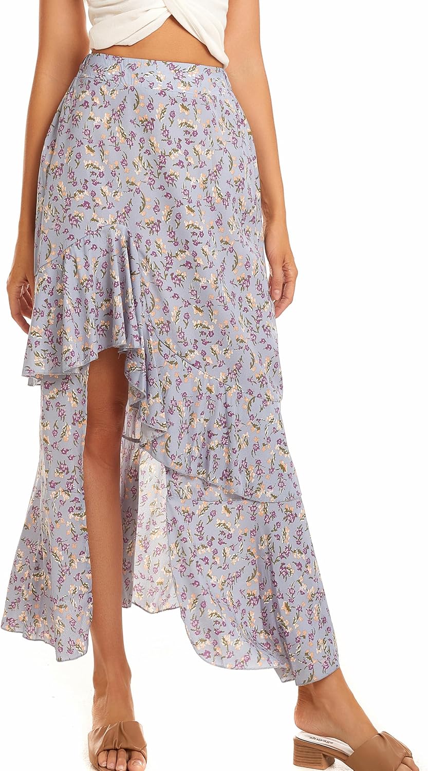 Womens Boho Floral Print Long Skirt Dress Chic High Low Side Split Ruffle Hem Elastic Waist Swing Maxi Dresses - Image 4