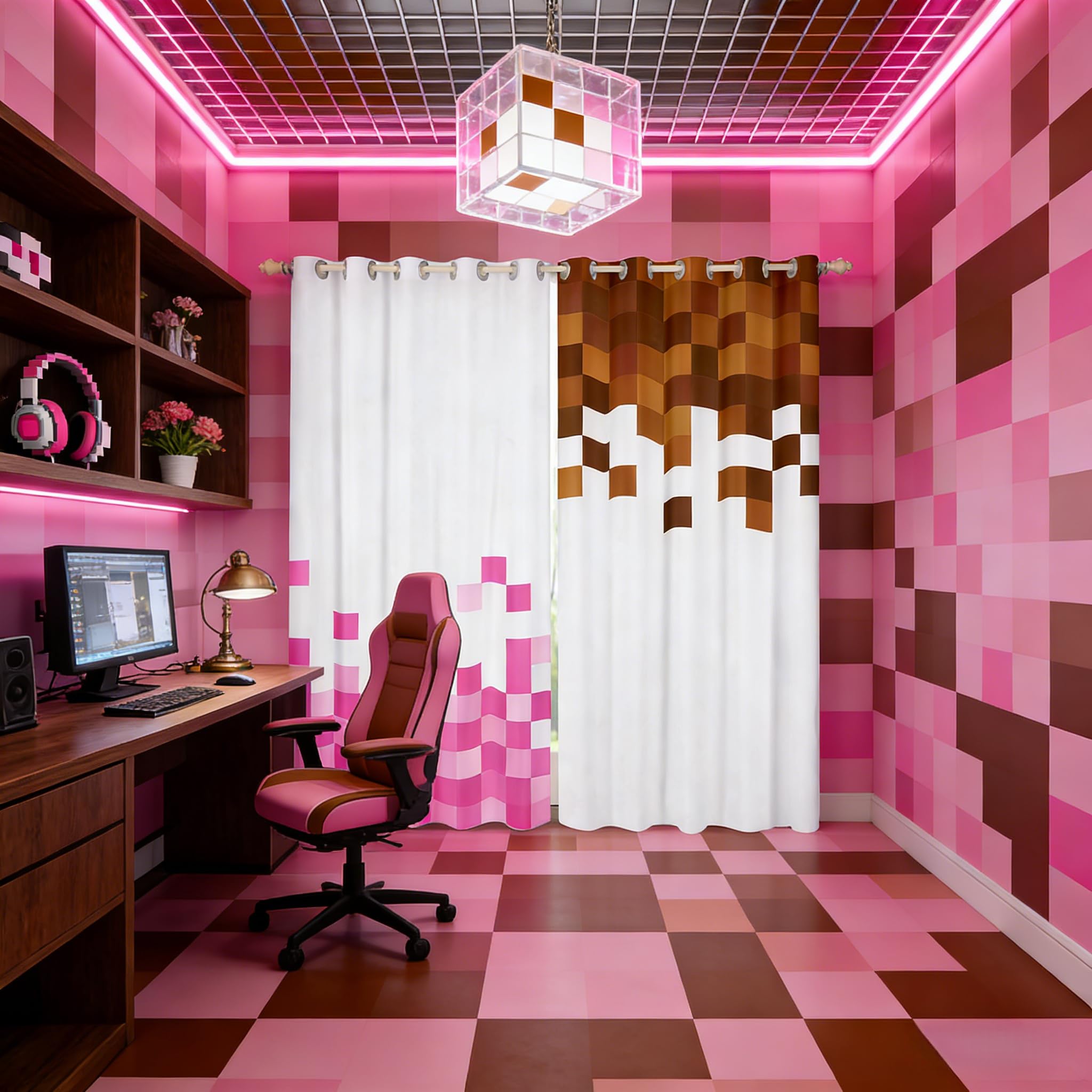 Manfei Game Pixelated Theme Window Drapes,Patchwork Grid Blackout Curtainss for Bedroom Decor,Video Games Curtain of 2 Panels for Adults Teens,Pink Brown 46Wx72L Inches