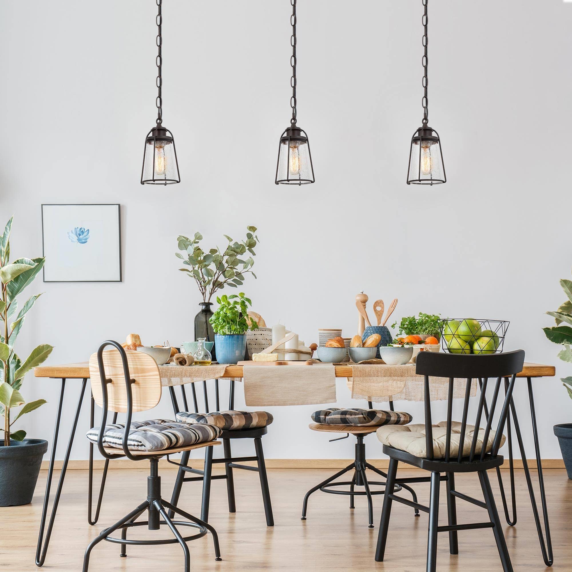 Pendant Lights, Farmhouse Hanging Light Fixtures with Seeded Glass Shade, Brown Pendant Lighting Kitchen Island for Foyer, Hallway, Entryway