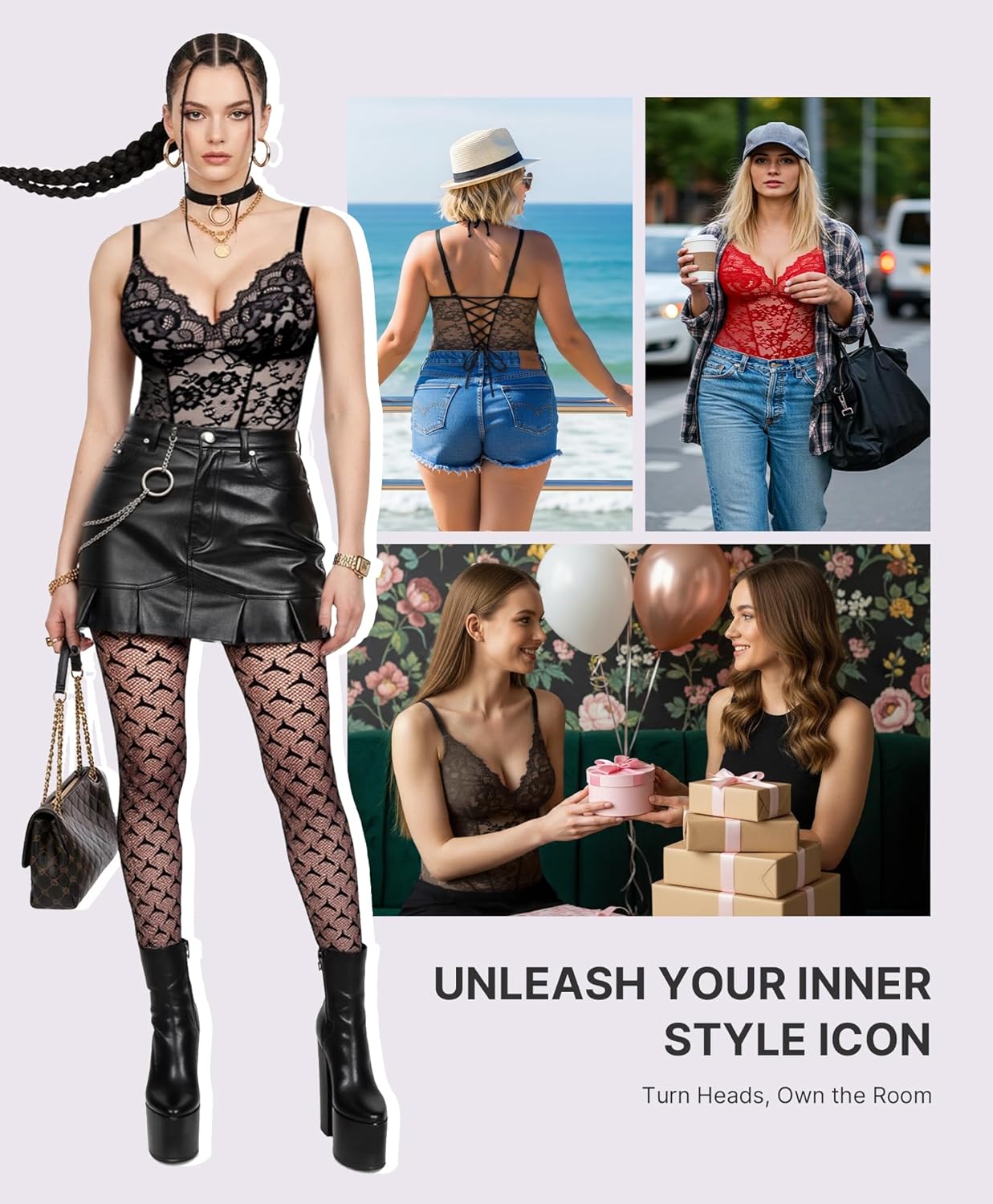 SHAPELLX Lace Bodysuit for Women V Neck Tummy Control Shapewear Thong Body Shaper Body Suit - Image 4