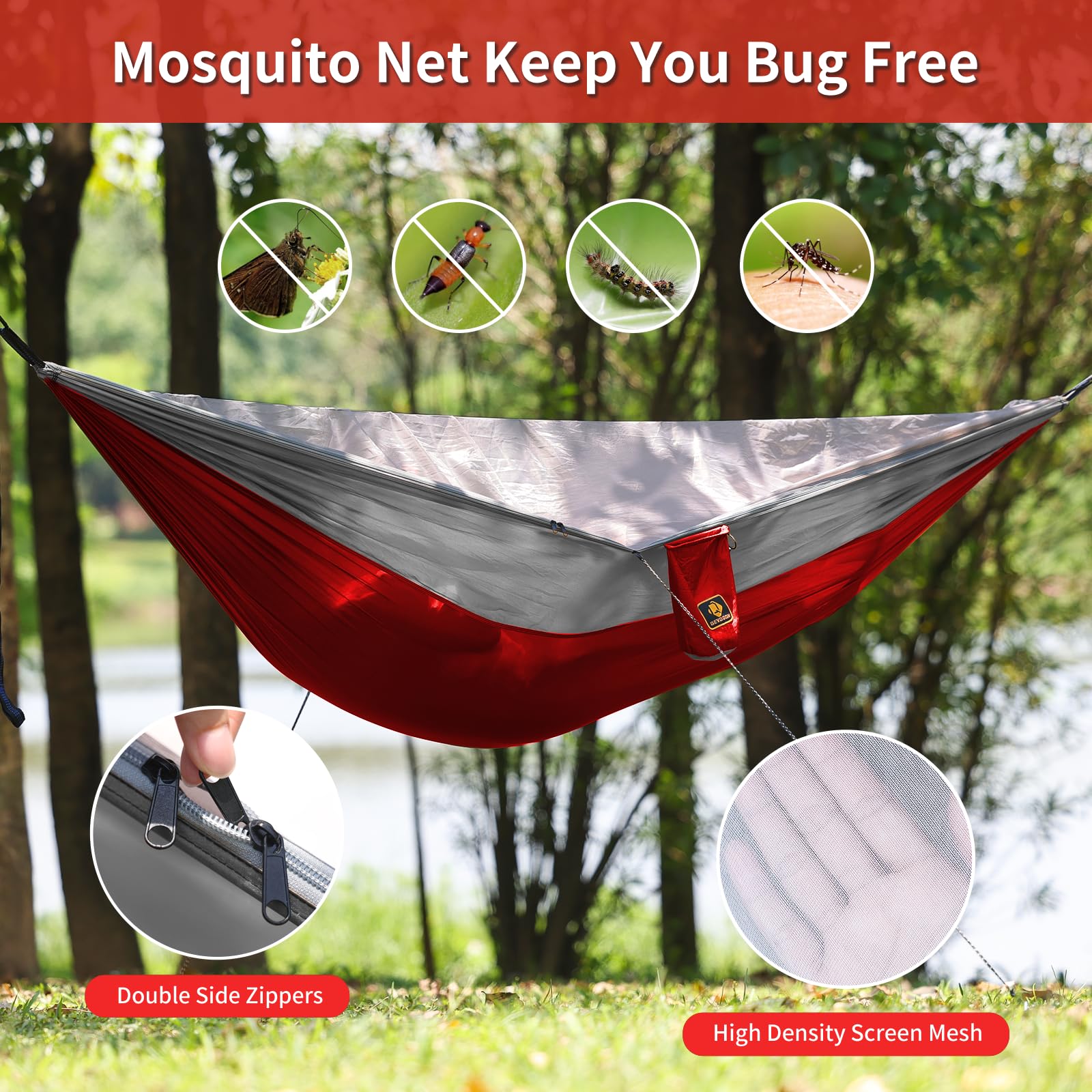 Amaca da campeggio, portatile con zanzariera, in nylon leggero, con cinghie per alberi da 3 m, attrezzatura da campeggio indispensabile per viaggi, escursioni, viaggi zaino in spalla, spiaggia, patio