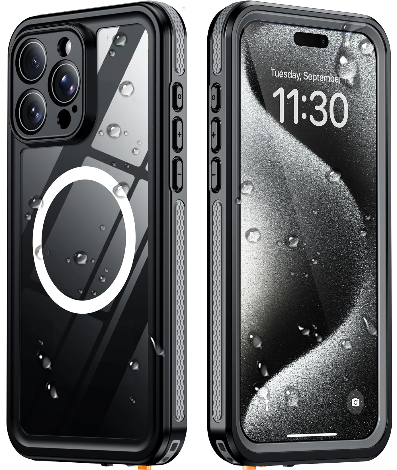 Temdan Designed for iPhone 15 Pro Case Waterproof, Black/Clear
