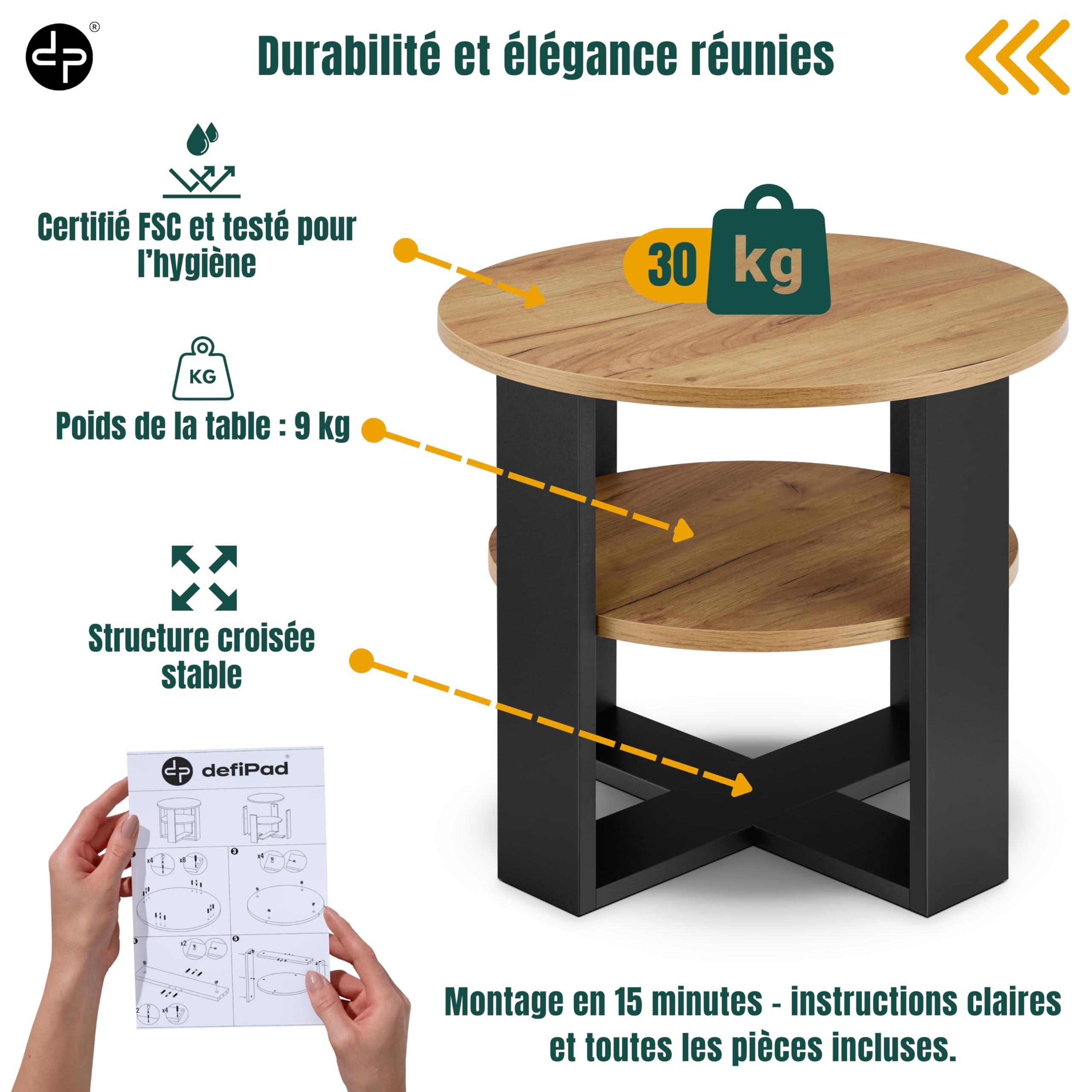 defiPad Table Basse Ronde Ø53 cm – Table d’appoint Bout de canapé avec étagère, 2 Niveaux, Meuble de Salon Moderne, Noir et chêne, Design Industriel, fabriquée en UE