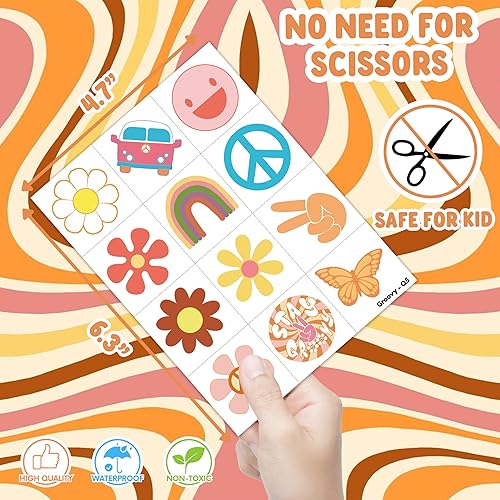 Miniatura 6 de 96 tatuajes temporales precortados de los años 60 y 70 para niños, suministros de fiesta temática de cumpleaños, decoración de recuerdos, súper
