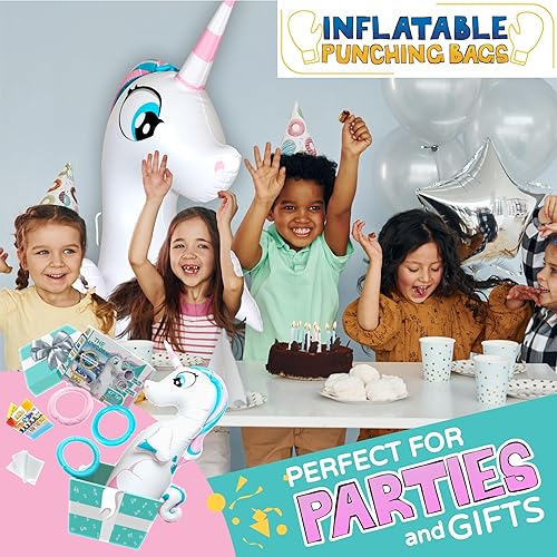 Miniatura 4 de INFLATABLE DUDES Juguete de unicornio de 47 pulgadas, saco de boxeo para niños, ya lleno de arena, bolsa de Bop, lanzamiento de anillos de unicornio