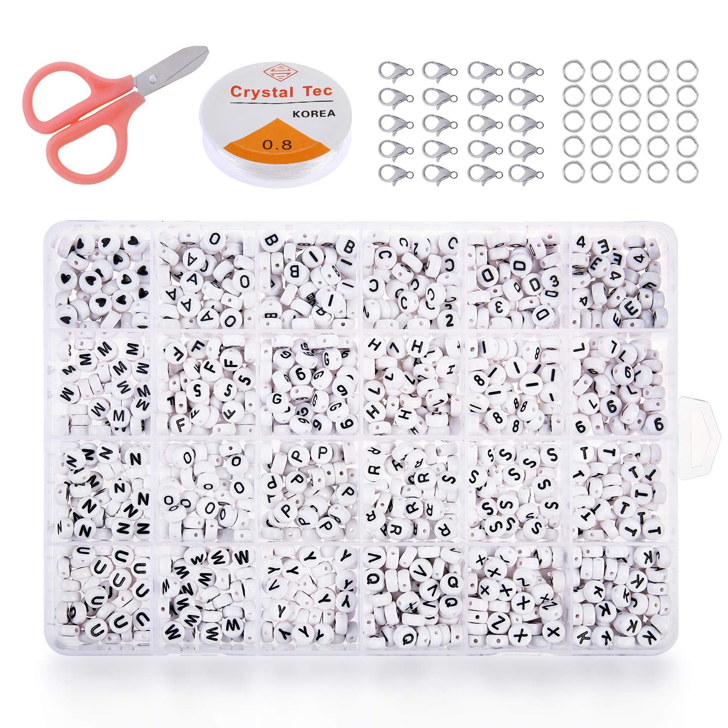PHOGARY 1280pcs Lettre et Chiffre Perles Rondes, Perles Blanches Alphabet Noir A-Z et Nombre 0-9