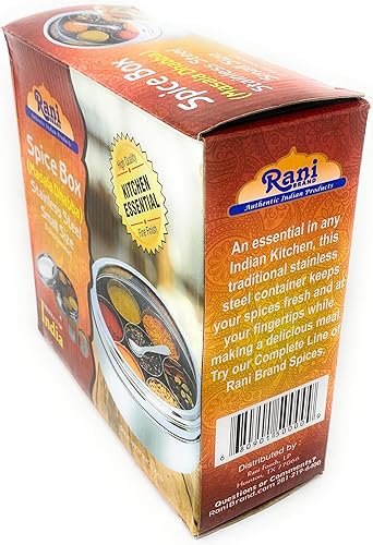 Miniatura 8 de Rani - Caja de especias (7.5 x 2.8 pulgadas) de acero inoxidable transparente para almacenar especias (Masala Dabba), 7 compartimentos, con cuchara.