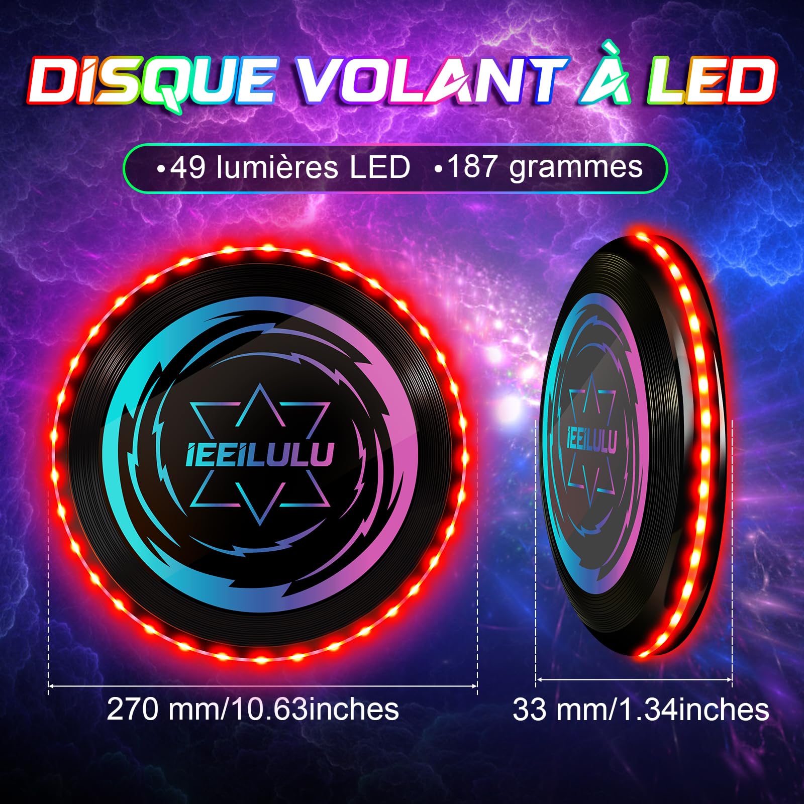 IEEILULU Disque Volant Lumineux, Ultimate Frisbee, Frisbee Lumineux avec 49 Lumières LED, Réutilisable, LED Disque Volant Compétition Funsport pour Adultes Enfants Plage Pelouse Extérieur