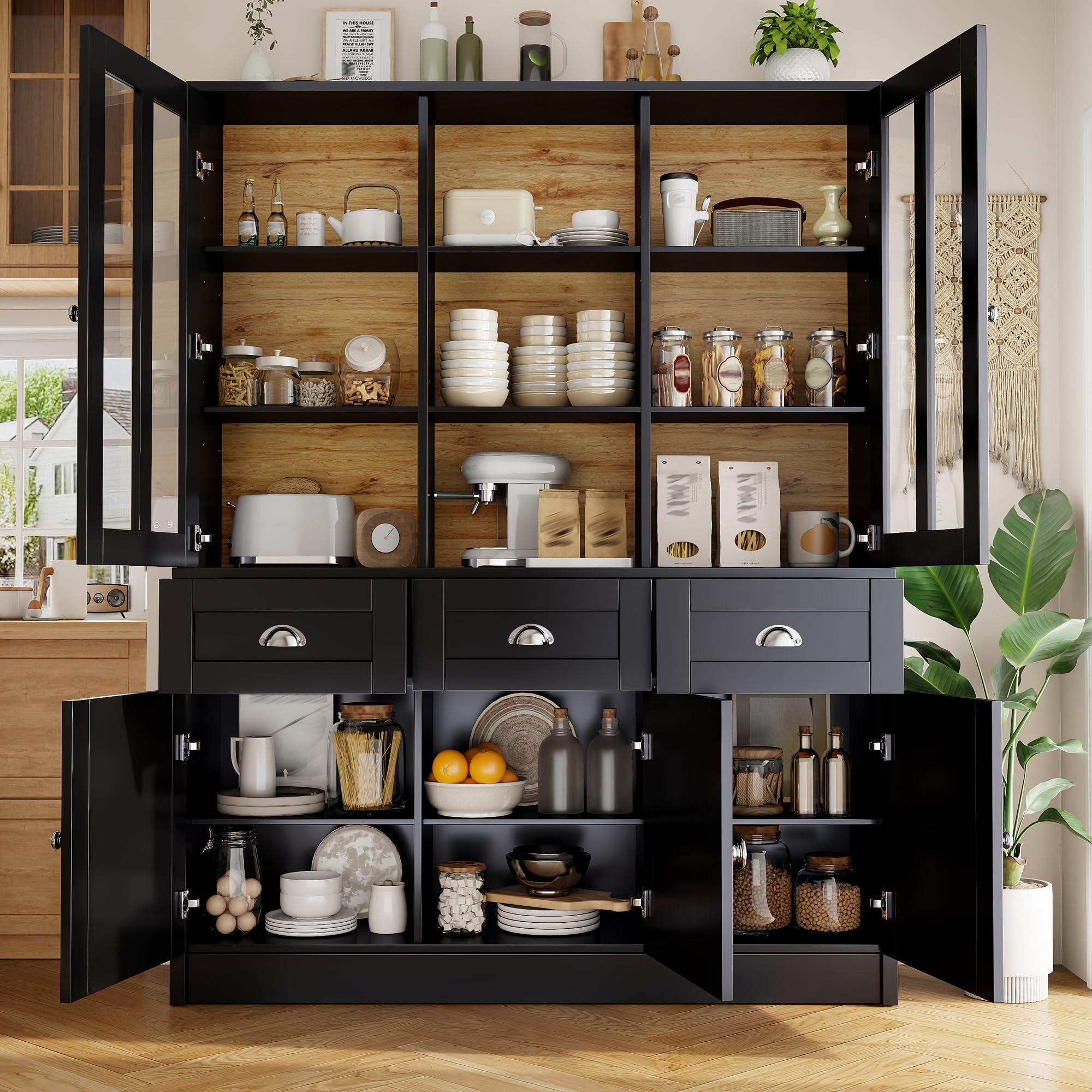 Hochschränke fürs Wohnzimmer,Vitrinenschrank,Küchenschrank,Esszimmerschrank mit Schubladen,Moderner Minimalistischer Hochschrank,Standvitrine für Küche Wohnzimmer Esszimmer(Schwarz (140×38.5×175cm))