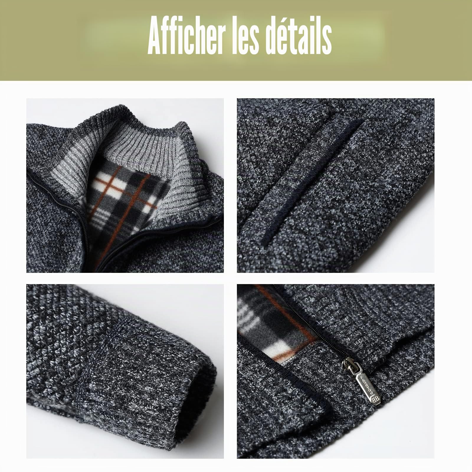Hommes Cardigan Veste en Maille Grosse Tricoté avec Col Debout Décontractée Ouvrez-Front Zippé Gilet Automne Hiver Chaud Pulls Épais Doublé en Polaire Sweat