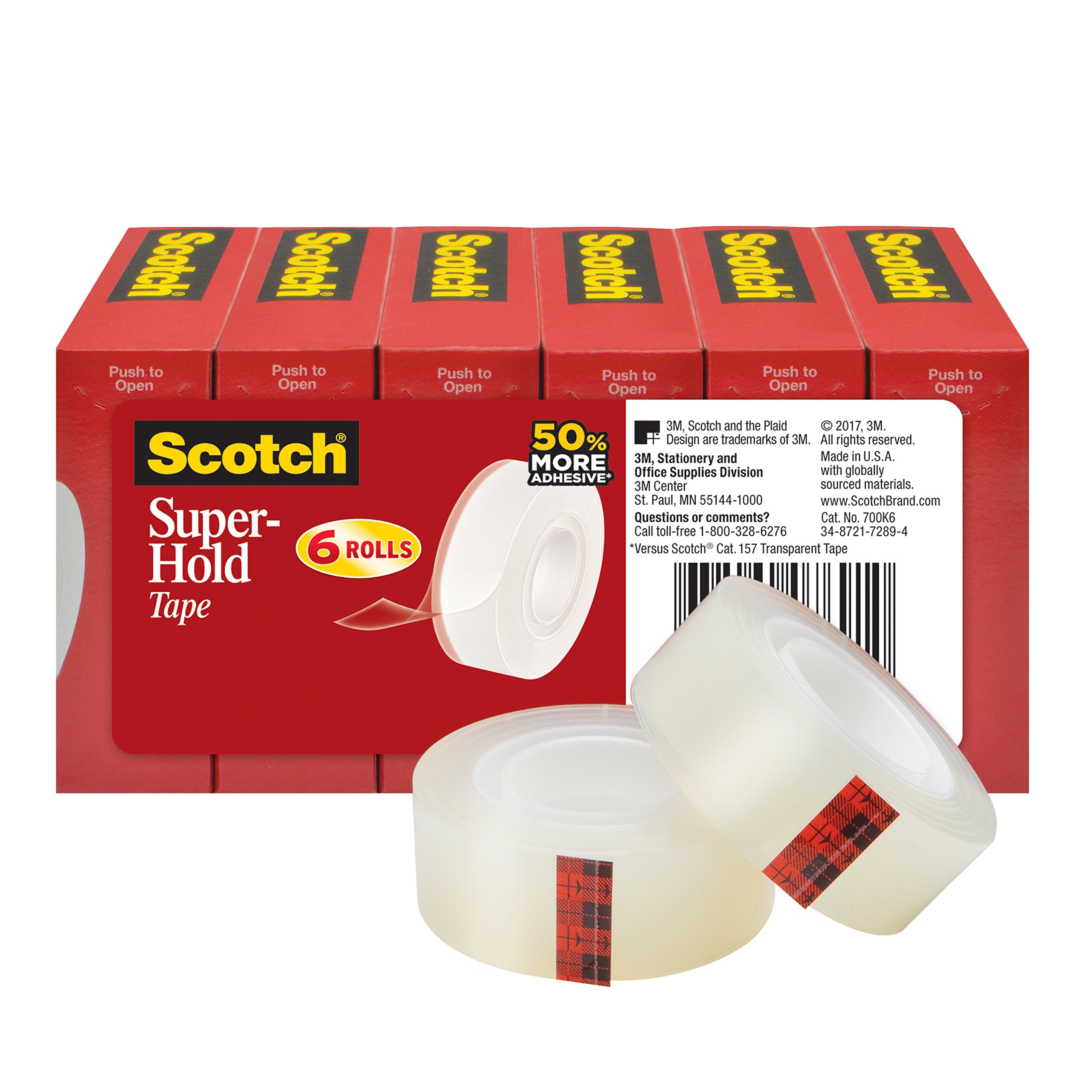 ScotchSuper-Hold Tape, 6 Rolls, Transparent Finish, 50% More Adhesive, Trusted Favorite, 3/4 x 1000 Inches, Boxed (700K6)