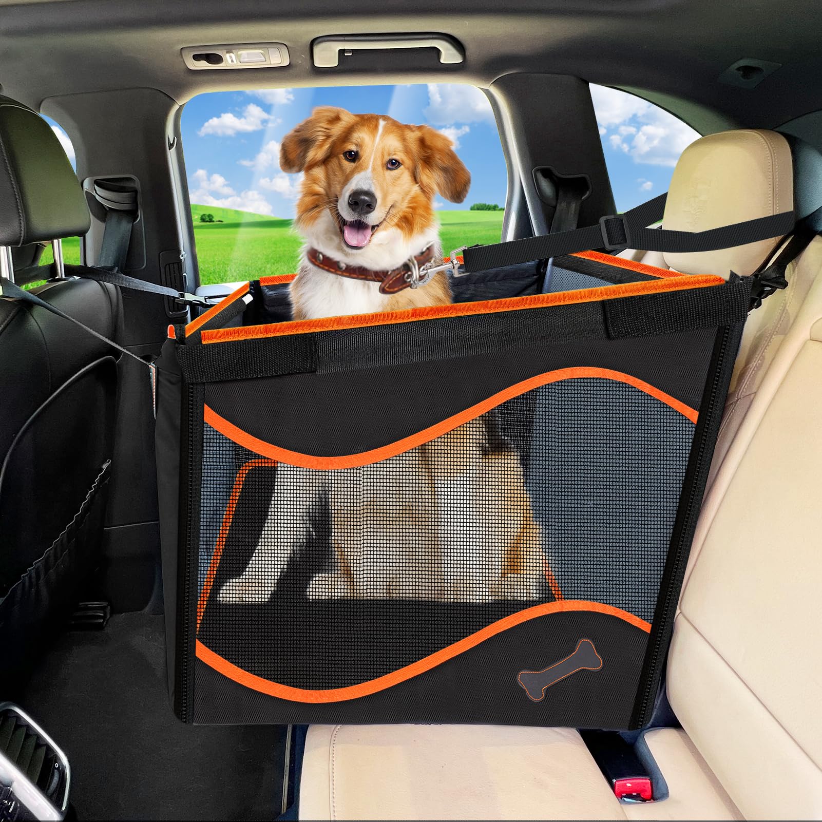 Cooenia Dog Car Seat for Medium Large Dogs, Reinforced Pet Car Seat Extender for Back Seat, Travel Car Seat for Dogs with Removable Waterproof Pad