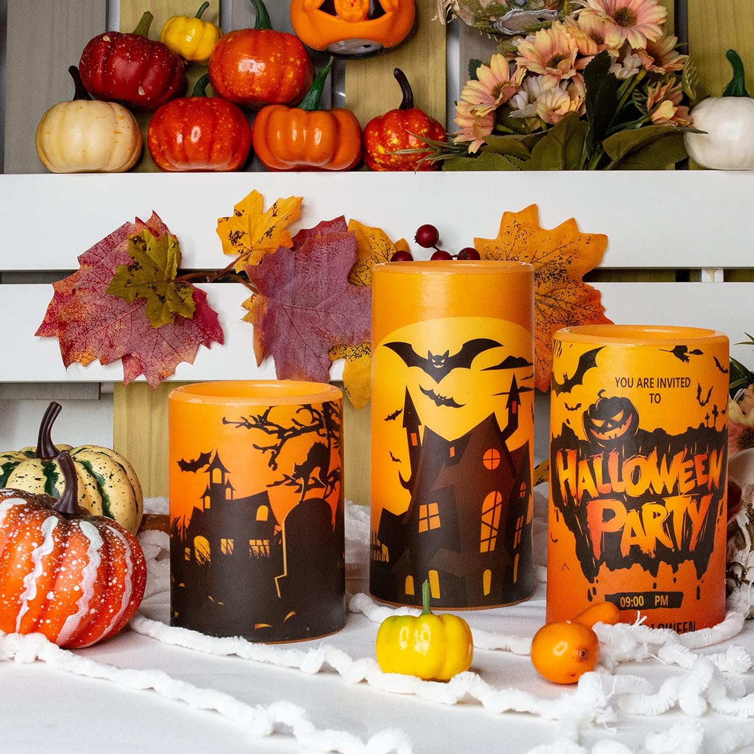 Yurozac Halloween Flameless Candles with Timer, Flickering Battery Operated Real Wax Electric LED Pillar Candles for Halloween Decoration Set of 3 Orange, 4”5”6” Tall : Tools & Home Improvement