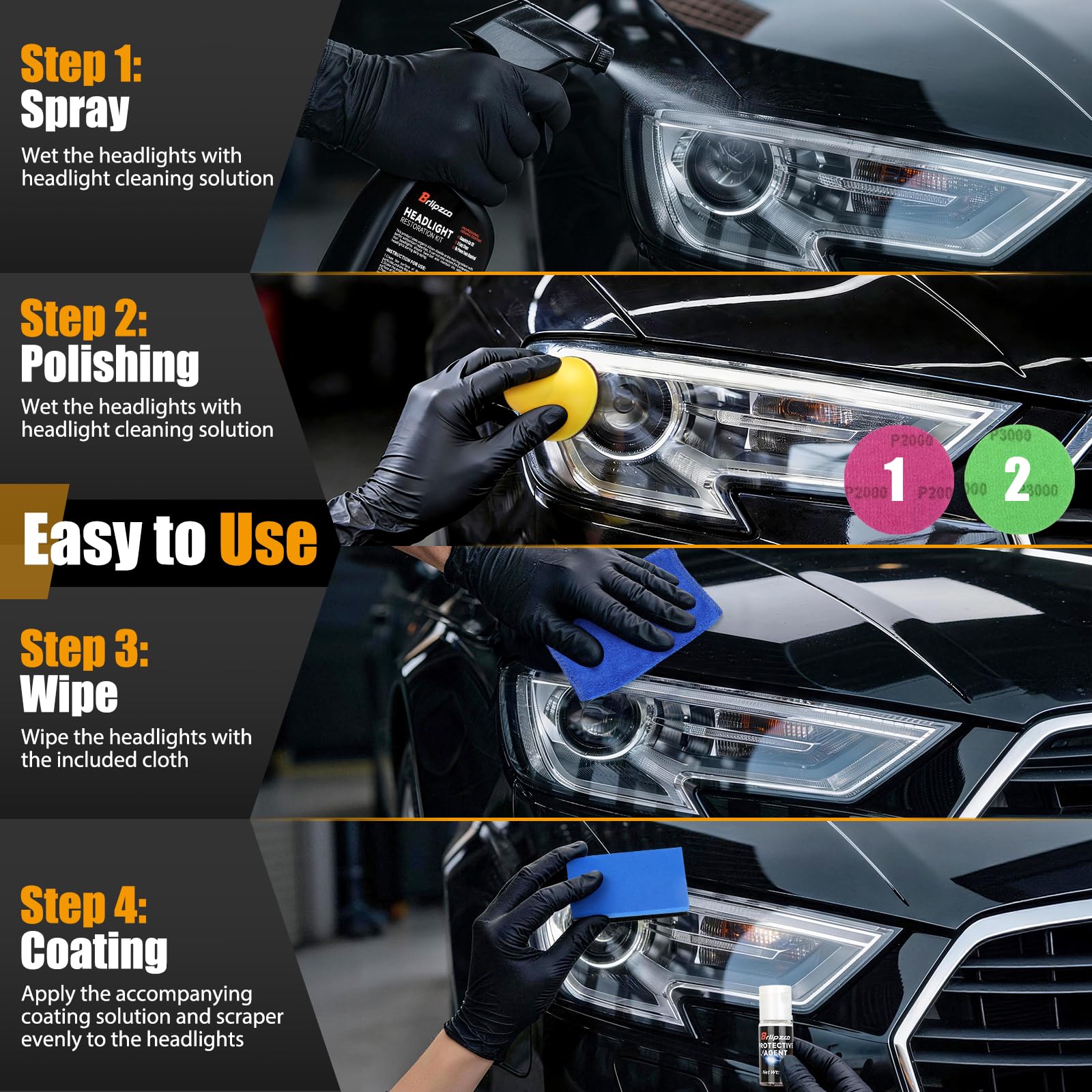 Brlipzrn Car Headlight Restoration Kit, Ceramic Headlight Restoration Kit, No Power Tools Required, Headlight Cleaner and Restorer Kit, Headlight Cleaner, Headlight Restoration Spray — view 5