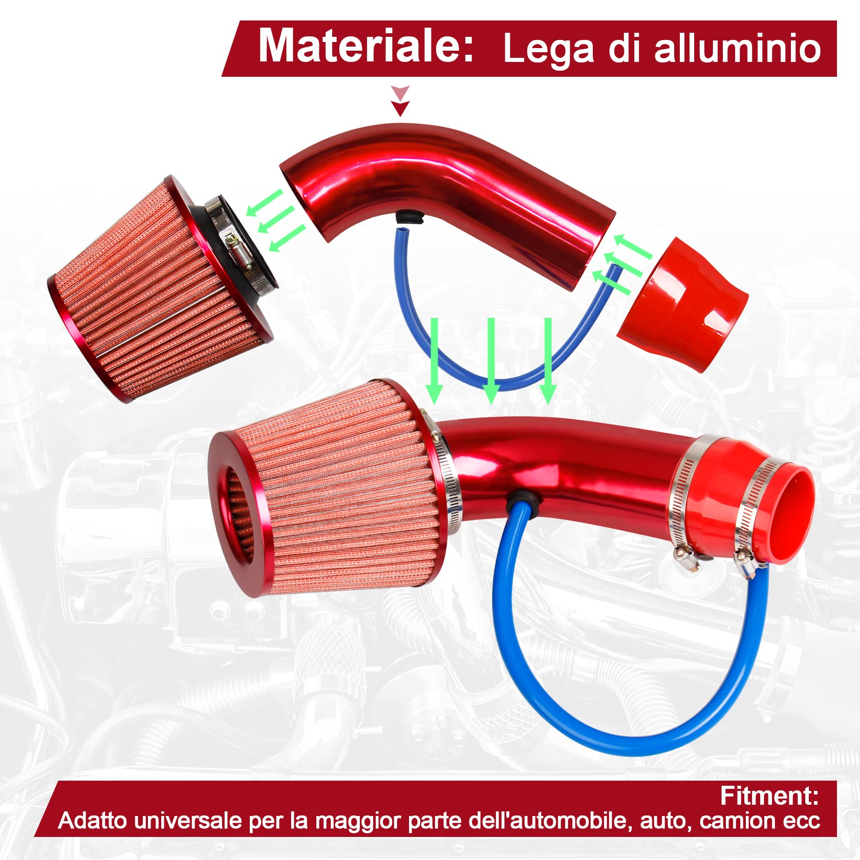 Pindex Filtro Aria Sportivo Auto: Filtro di Ingresso Dell'aria Filtro a Cono in Fibra di Carbonio con Tubo Aspirazione Aria - Rosso