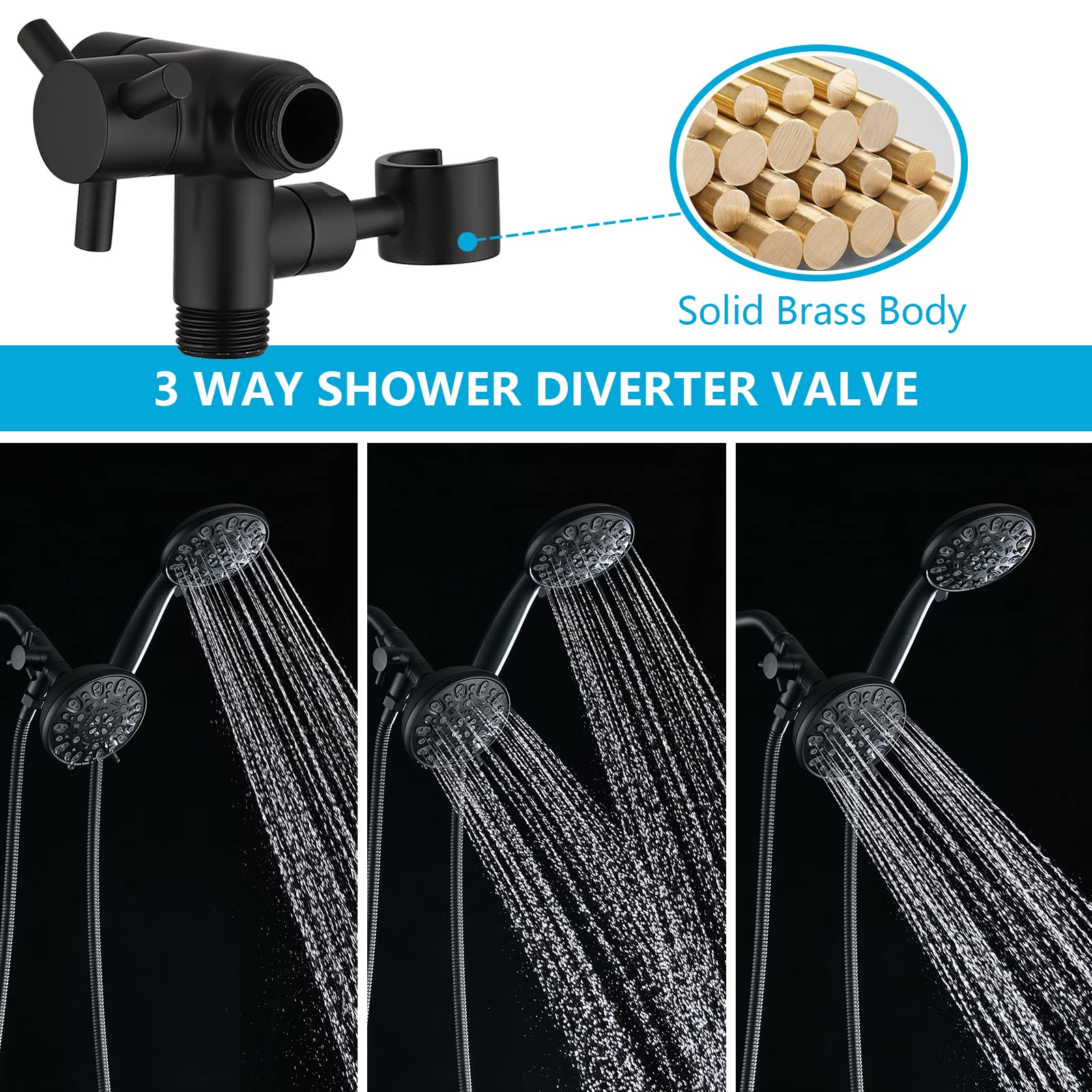 PDPBath Solid Brass 3-Way Shower Diverter Valve – G1/2, Matte Black, With Handheld Holder