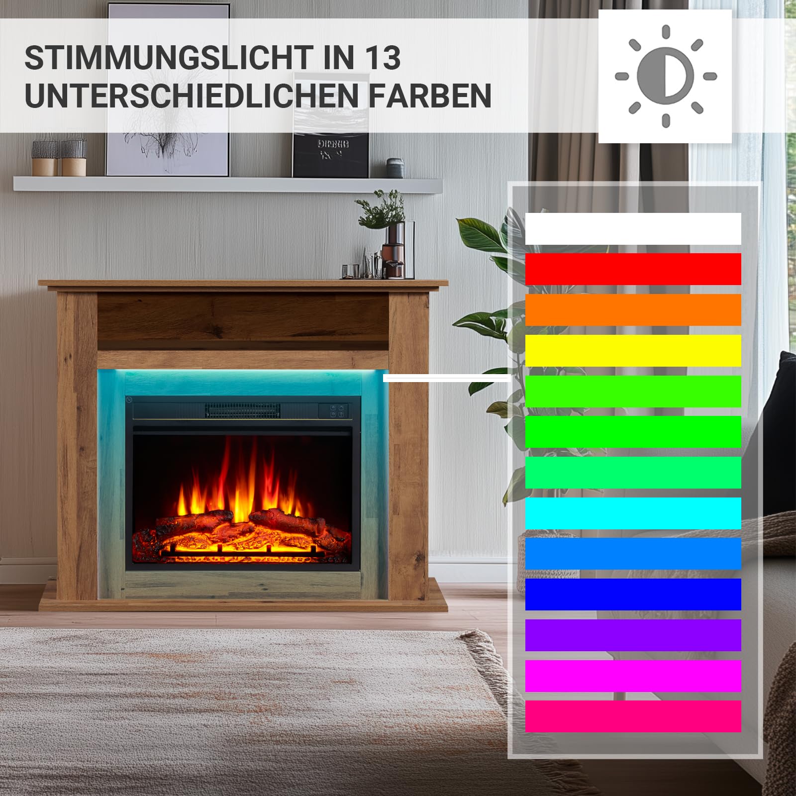 Camino elettrico BALDERIA Liora - Caminetto elettrico con vano portaoggetti, effetto fiamma 3D, illuminazione d'ambiente a LED, riscaldamento 2000W, timer, termostato, telecomando - rovere scuro