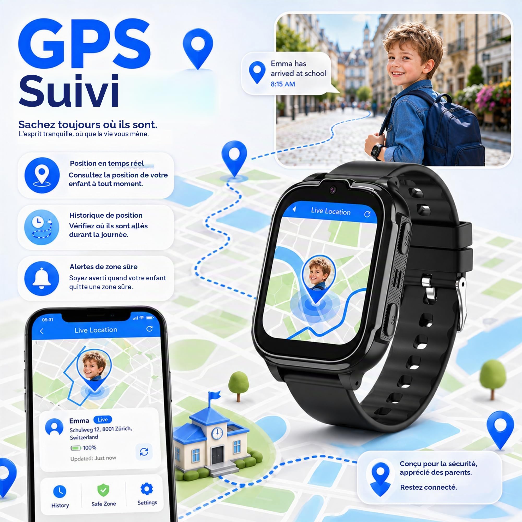 Montre Connectée Enfant GPS 4G Appel Vidéo SOS Chat Familial Podomètre