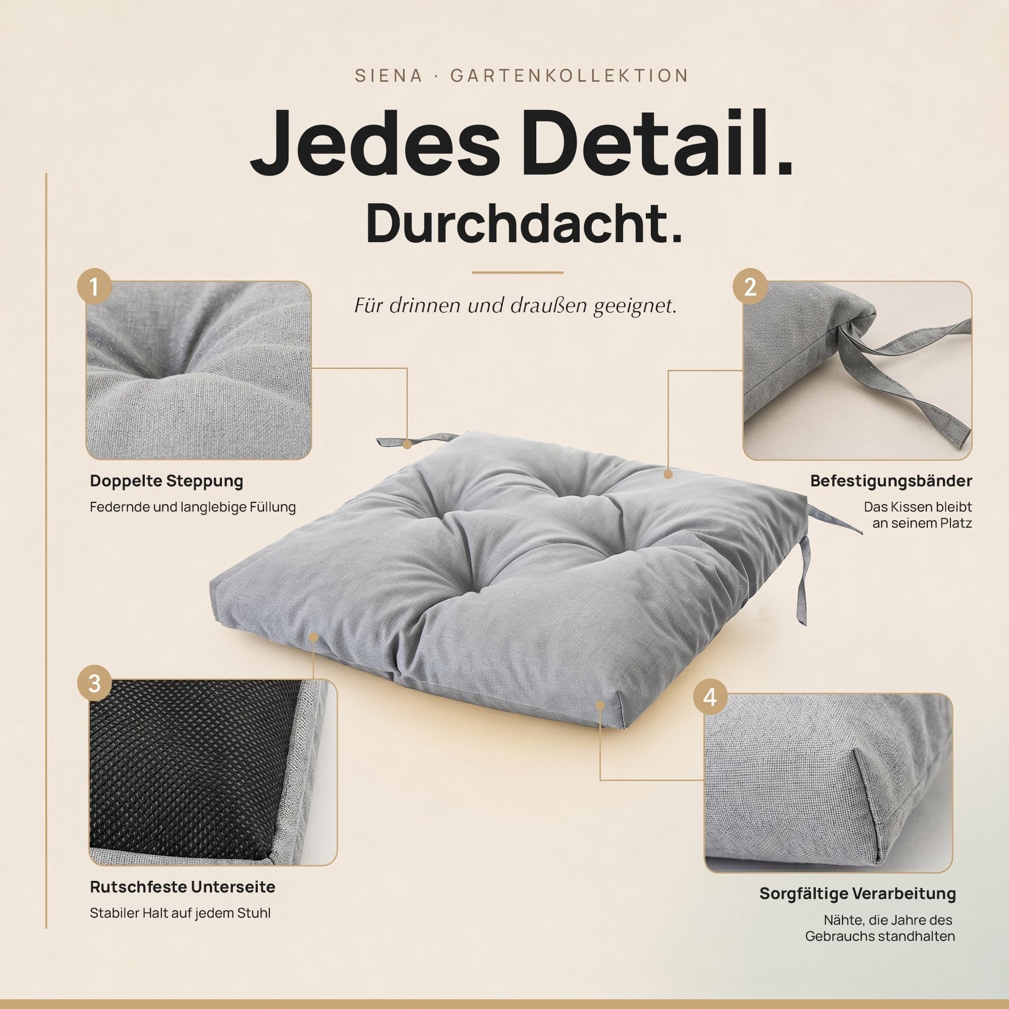 Wasserdichtes Stuhlkissen 45x45 cm – Gartenkissen für Stühle & Sessel – Dickes Sitzkissen 6 cm – Outdoor Sitzauflage für Gartenmöbel – Wetterfest & Pflegeleicht - 4er Set - Blaue Blätter