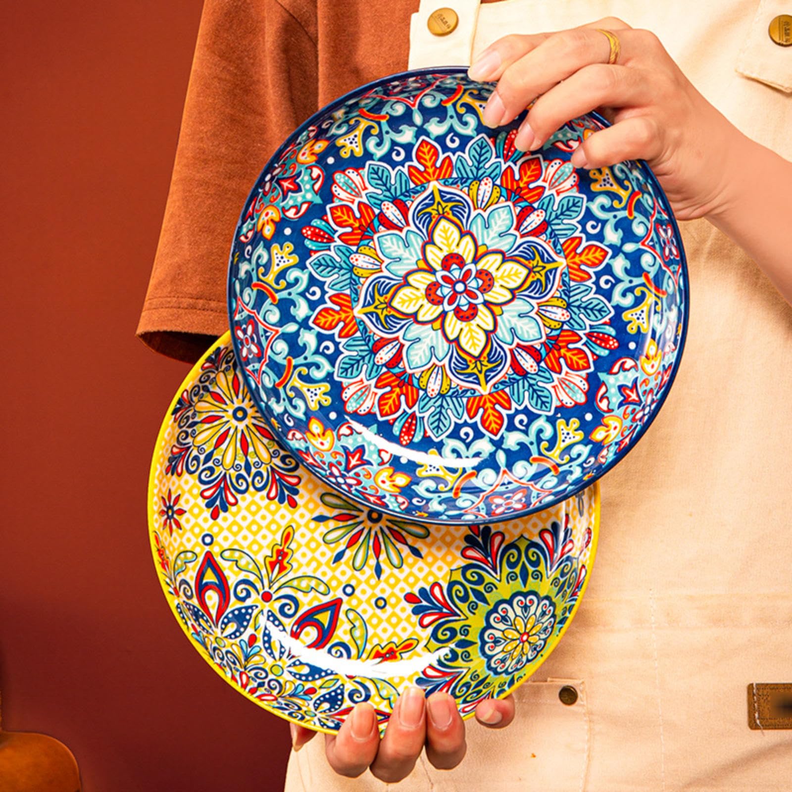 Set di 4 piatti piani rotondi in ceramica colorata da 20 cm, per pasta, torte e waffle, adatti al microonde e alla lavastoviglie