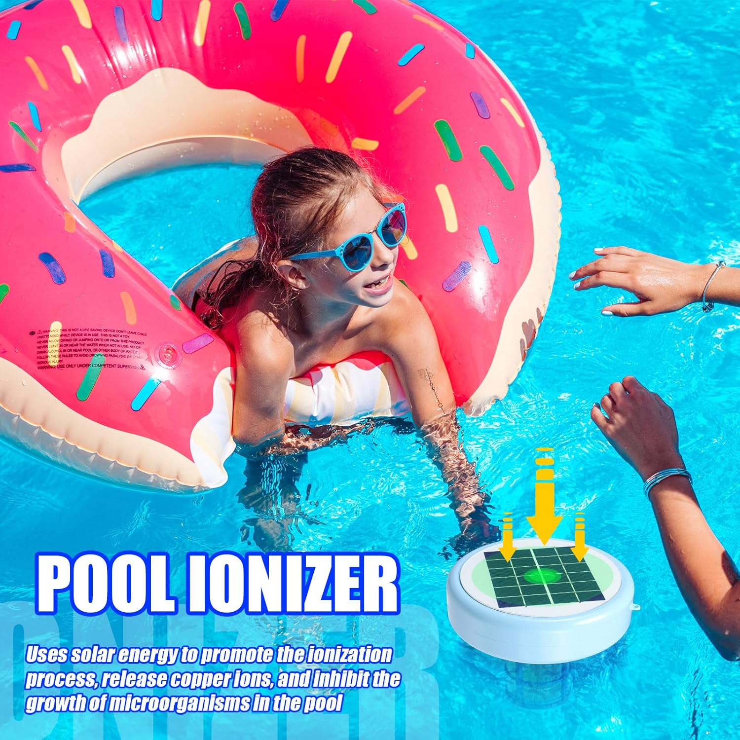 Qualirey Solar Pool Ionizer Automatic Floating Pool Cleaner, Water Ionizer with 4 Pcs Scum Collection Ball, for Above Ground and Inground Pools, up to 35, 000 Gallons (Blue,7.9 Inch)
