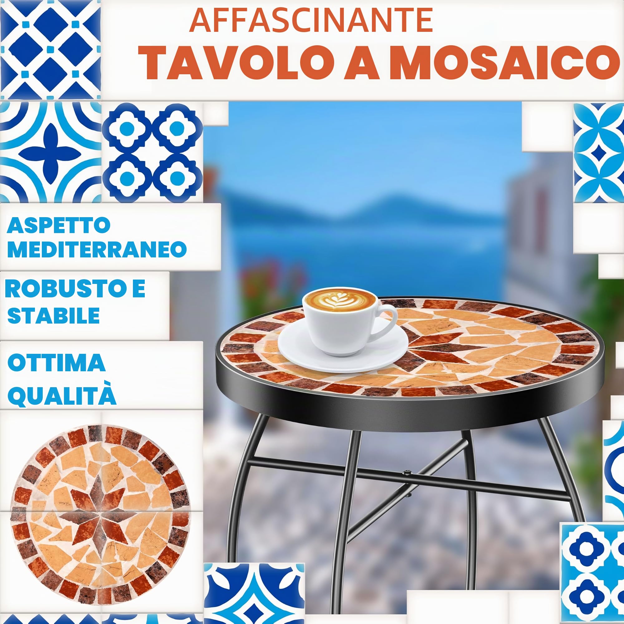 KESSER® Tavolo a mosaico - tavolo da bistro - sgabello a fiori rotondo - misure 60 x 38 cm - tavolino da caffè in metallo a mosaico - tavolo da balcone, patio, terrazzo