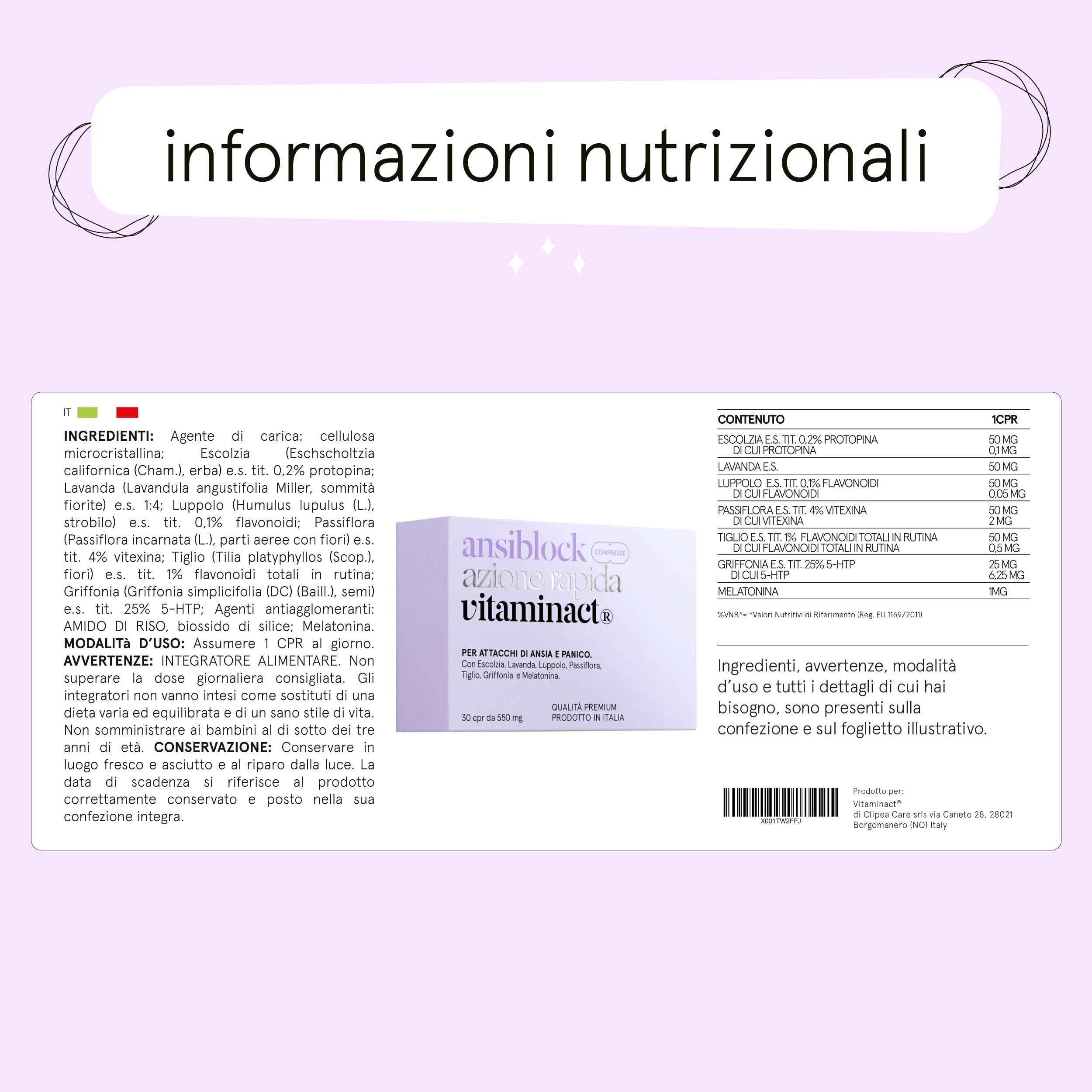 Integratore Ansia 100% Naturale | Ansiblock Azione Rapida | Potenziato con Passiflora Griffonia Melatonina Escolzia per Benessere Mentale | Super Rilassante | Blocca l’Ansia e Stress in Totale Relax
