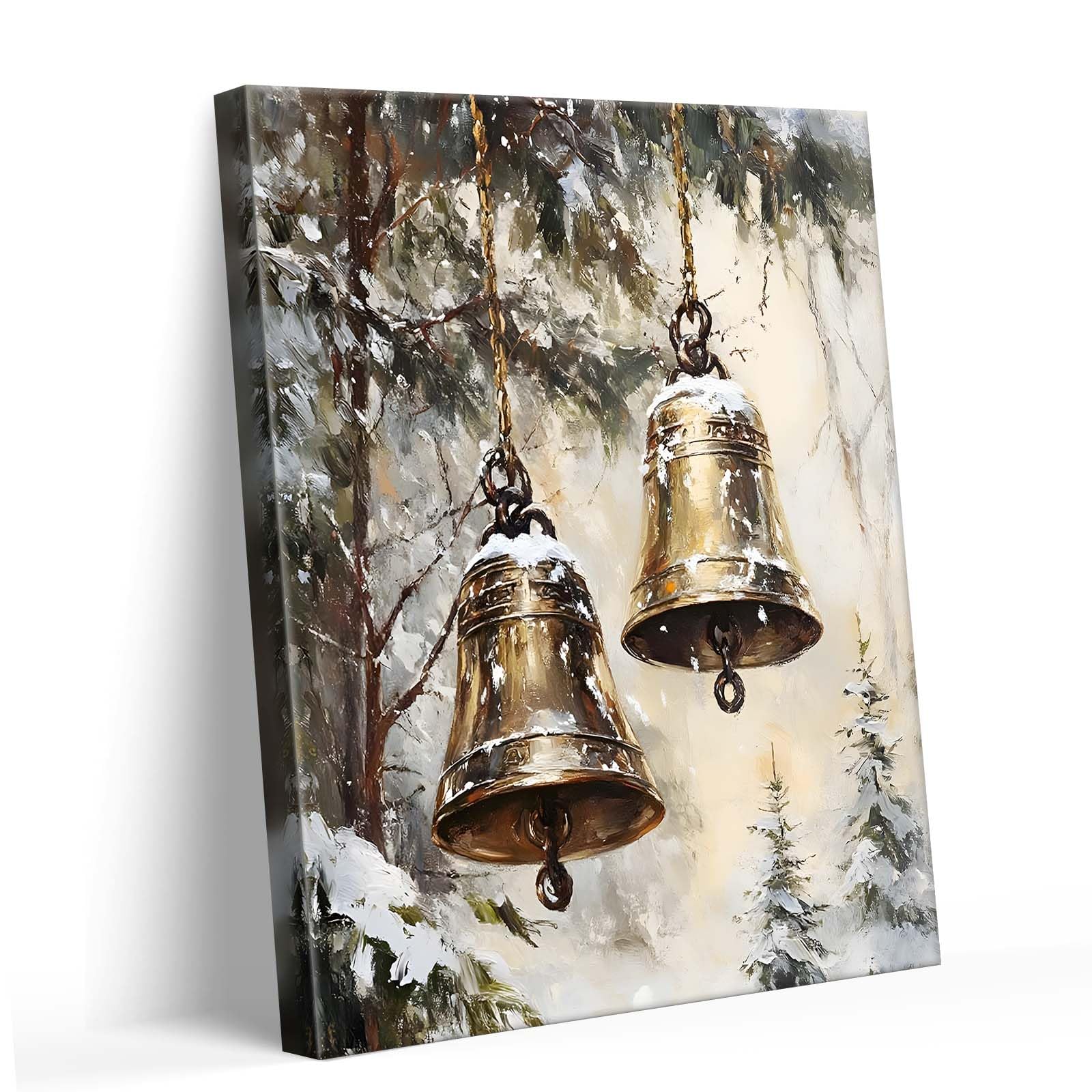 Sunwes Christmas Wall Art Christmas Pictures Print - Golden Bells in Winter Canvas Print Décor, Vintage Holiday Scene Wall Artwork for Living Room,