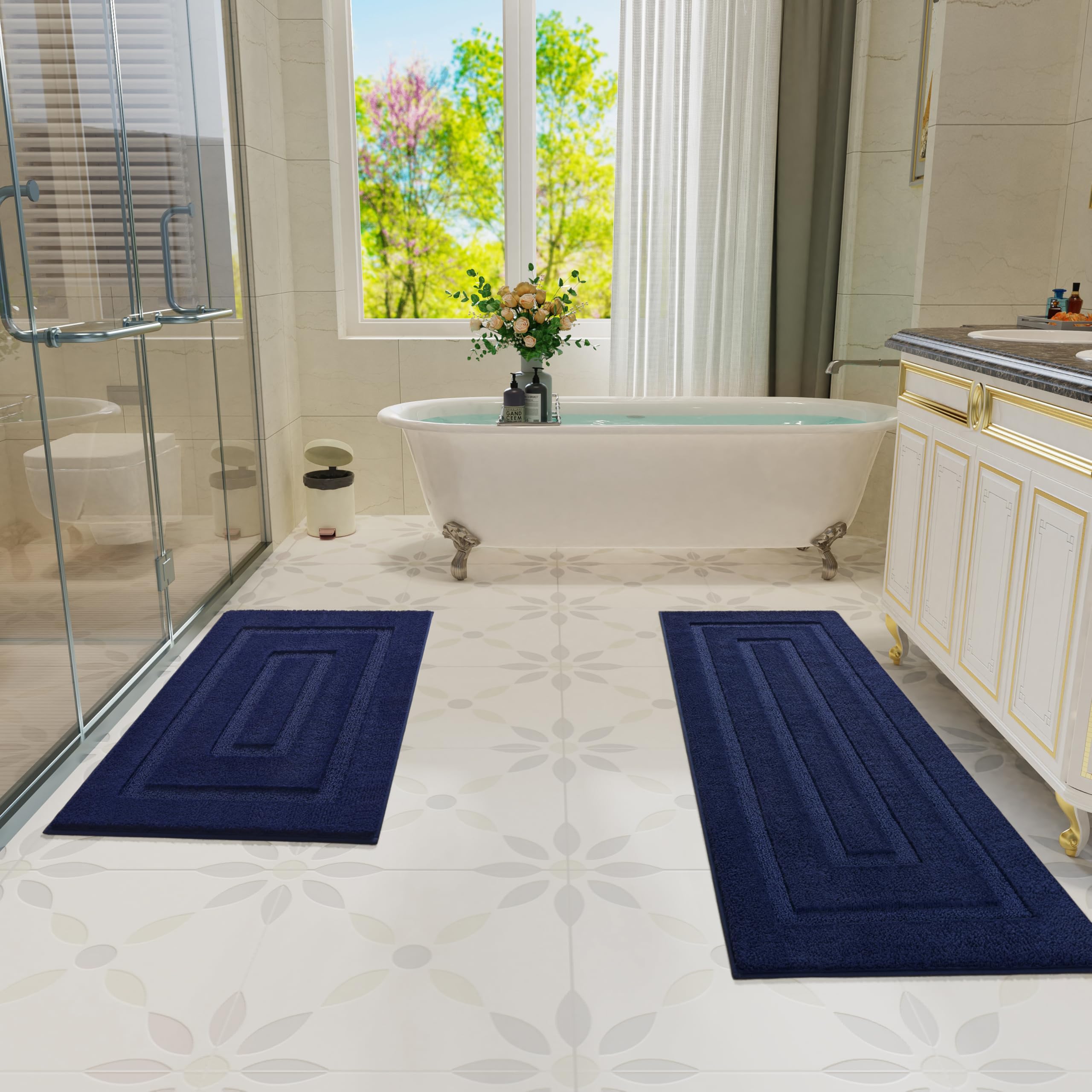 HOMORE2 Piece Bathroom Rugs Sets, Navy Bathroom Rug Non Slip, Absorbent Bat Rugs for Bathroom Washable Rug for Bath Floor Shower Tub Sink