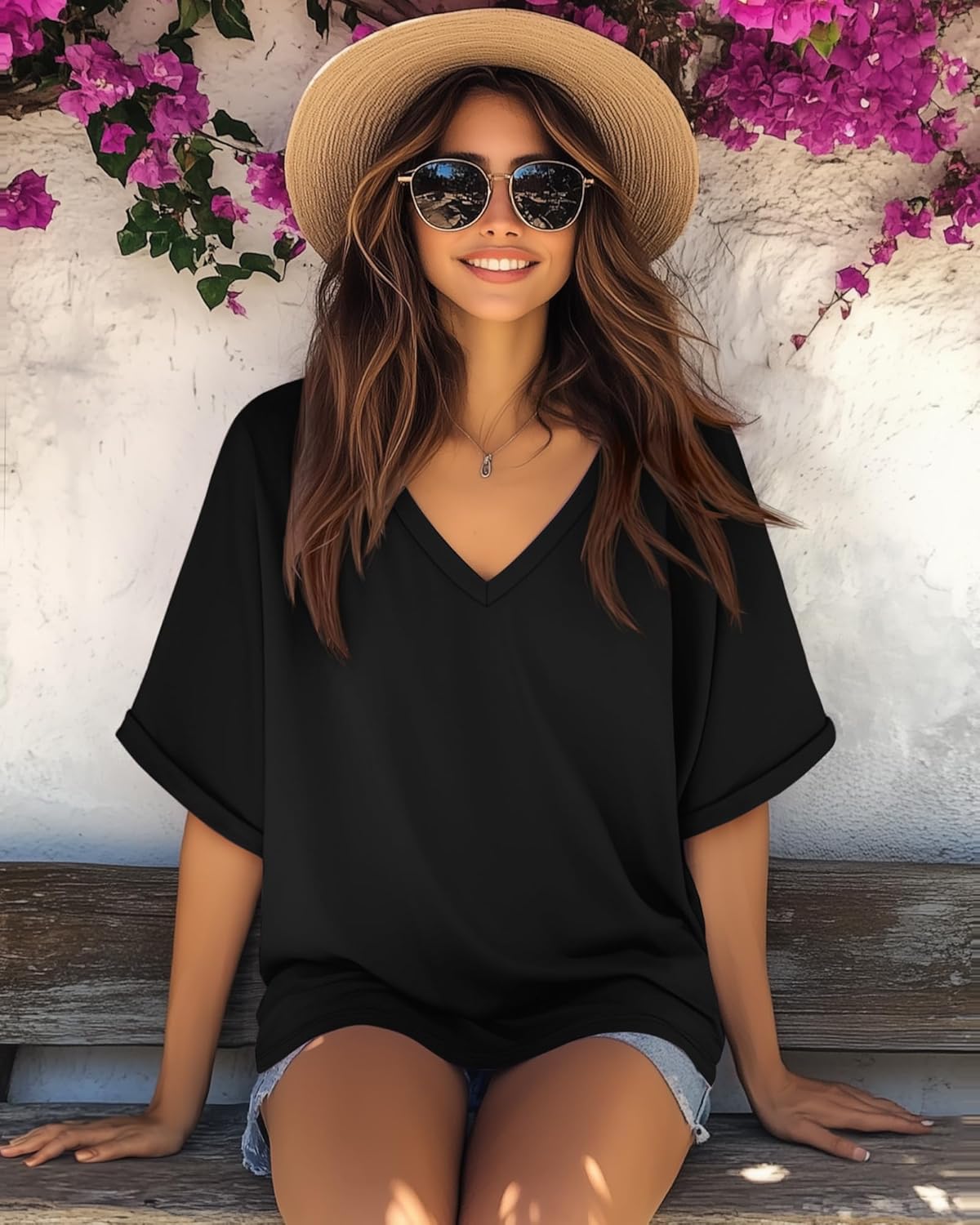 Huukeay 3 Pack Women's Oversized T Shirts, V Neck Loose Fit Rolled Sleeves Tops Shirts Summer Half Sleeves Tee - Image 3