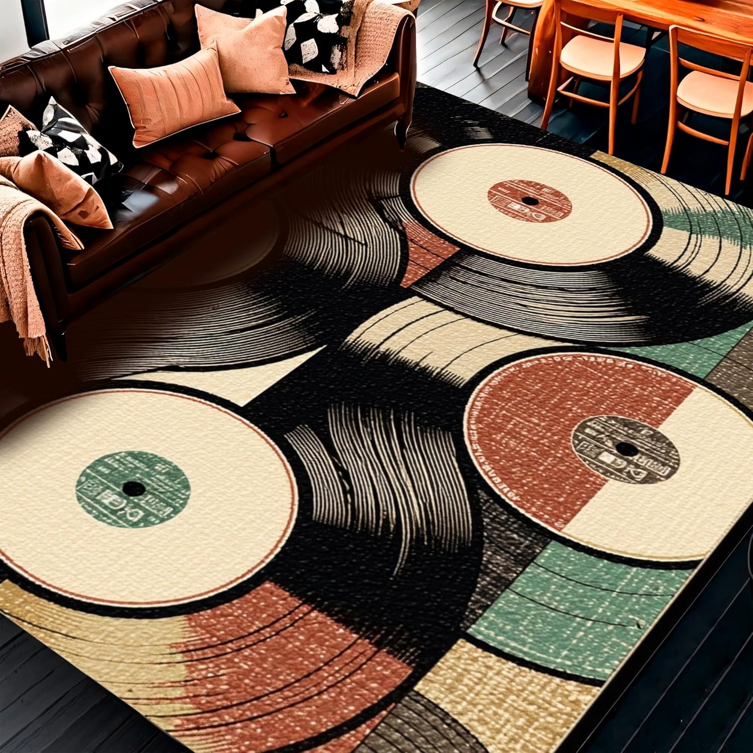 6'x9' Washable Area Rug - Vinyl Record Retro Music Brown Non-Slip Foldable Large Carpet for Living Room, Dining Room, Queen Size Bedroom, Flatwoven | Ref: 147071