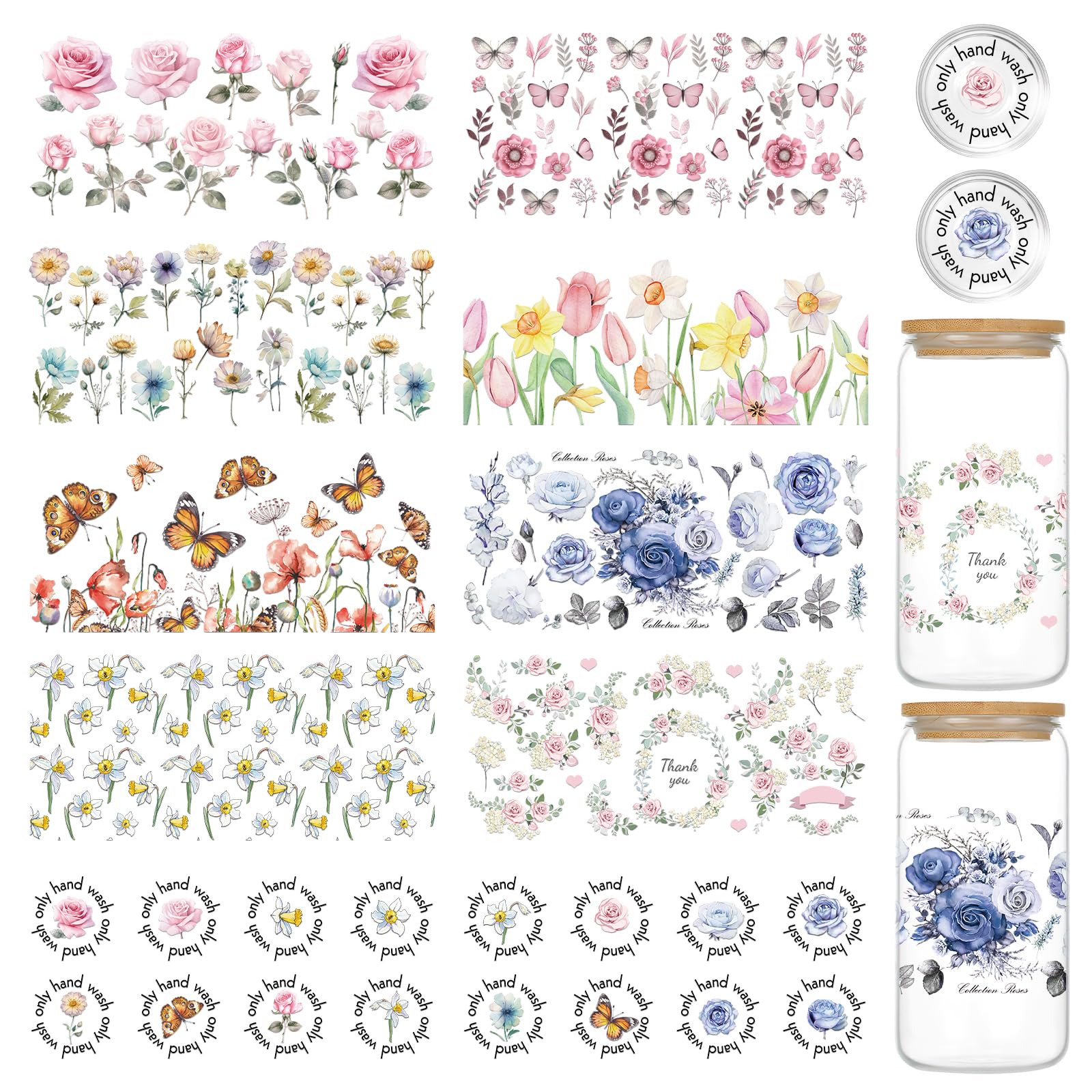 UV DTF Cup Wrap Transfer - 10 Sheets Floral UV DTF Cup Wraps for 16 oz Glass Cups, Butterfly Flowers UV Transfer Stickers, Roses Daffodils Tulips