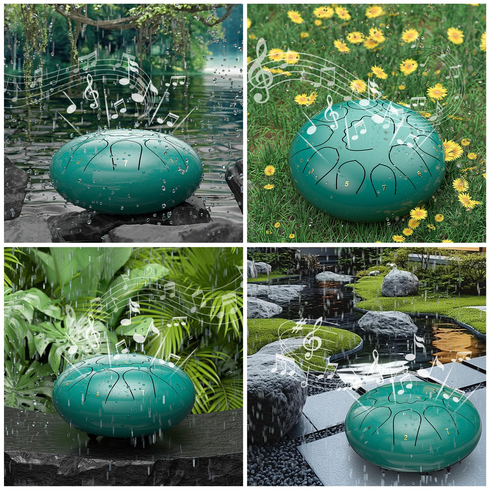Rain Drum for Outside Garden, 8 Inches 11 Notes Steel Tongue Drum, Waterproof Meditation Rain Chime, Musical Instruments for Adult Gift with Bag, Music Book, Mallets (Lake Blue) 6
