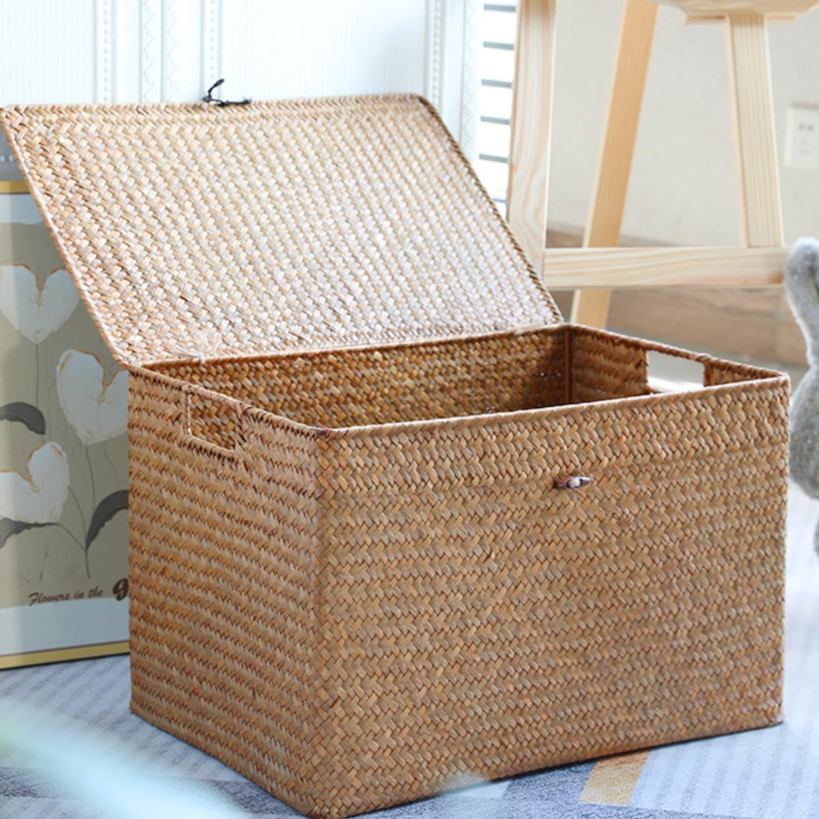 Kunststoffbox mit Grifföffnungen Rattanoptik Geflochtene Aufbewahrungsbox Korbgeflecht Rechteckiger Weidenkorb für Arbeitszimmer, Braun, 44x30x29 Cm