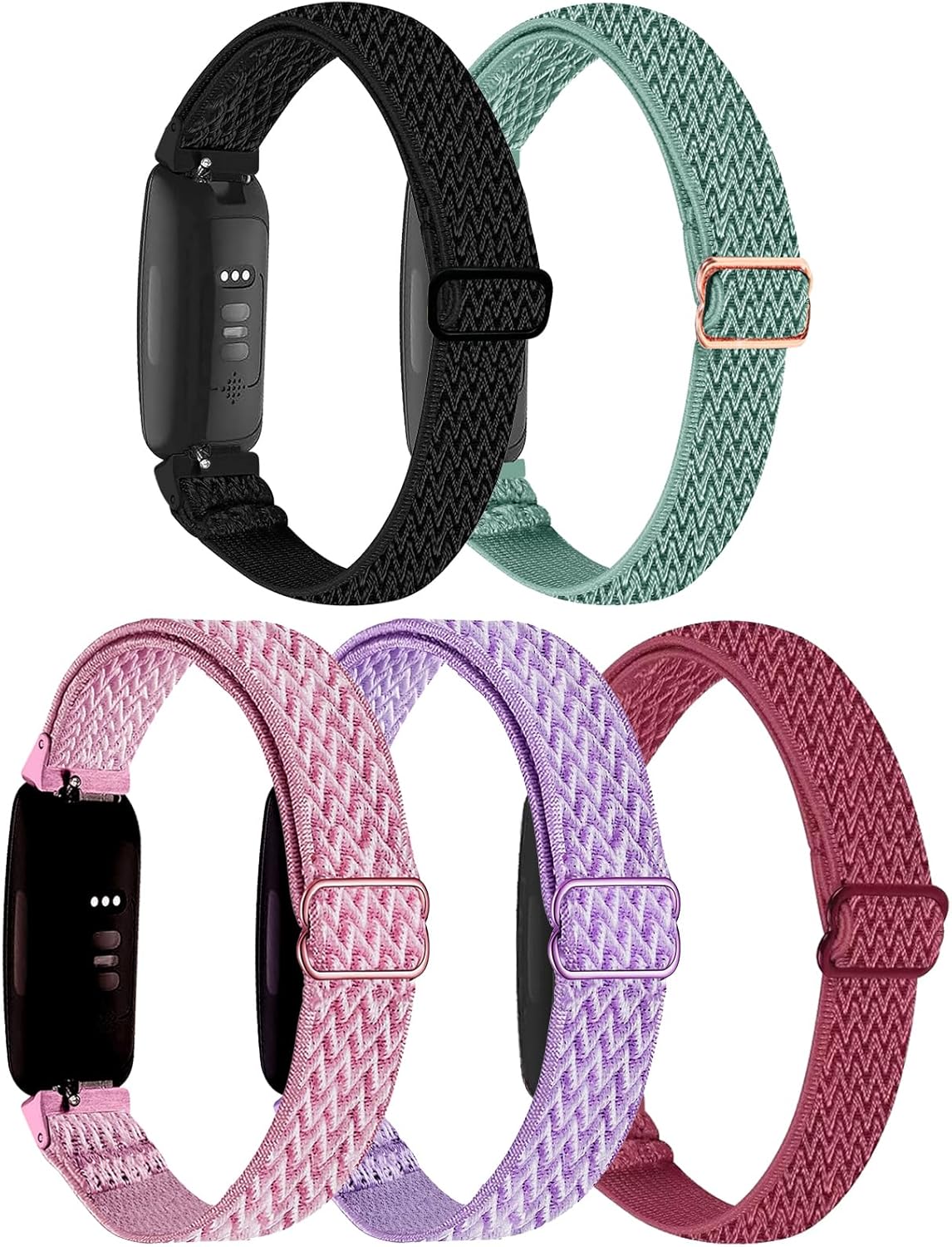 5-Pack Elastic Nylon Bands Compatible with Fitbit Inspire 3/Inspire 2/Inspire HR/Inspire, Breathable Adjustable Replacement Stretchy Nylon Loop Wristband Sport Strap for Women Men