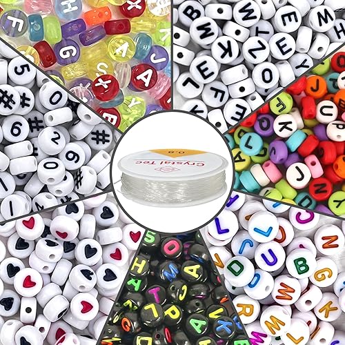 1900 cuentas de letras (0.27 x 0.18 pulgadas) con 1 rollo de línea de cristal, cuentas del alfabeto coloridas, cuentas de números para joyas,