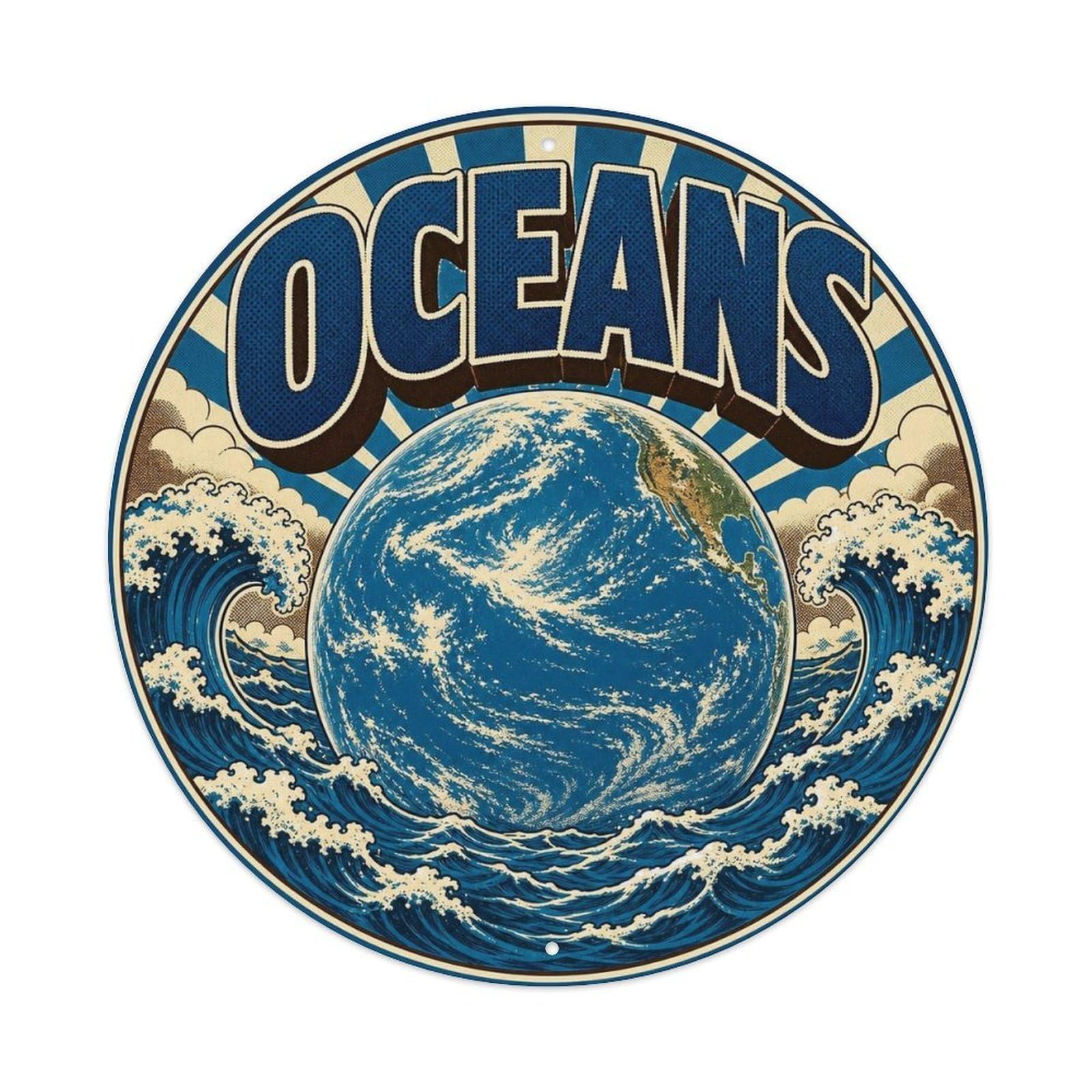 Retro Space Blue Planet Oceans Celestial Metal Tin Sign