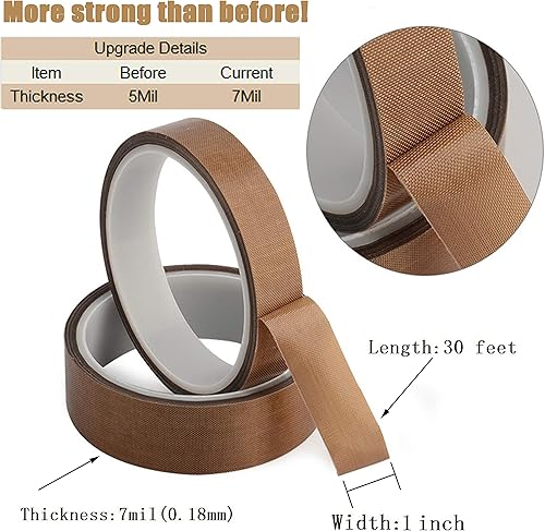 Miniatura 2 de Cinta de tela de teflón, cinta de PTFE de 1 pulgada y 30 pies para máquina selladora al vacío, selladores de impulso manual, cinta adhesiva de fibra