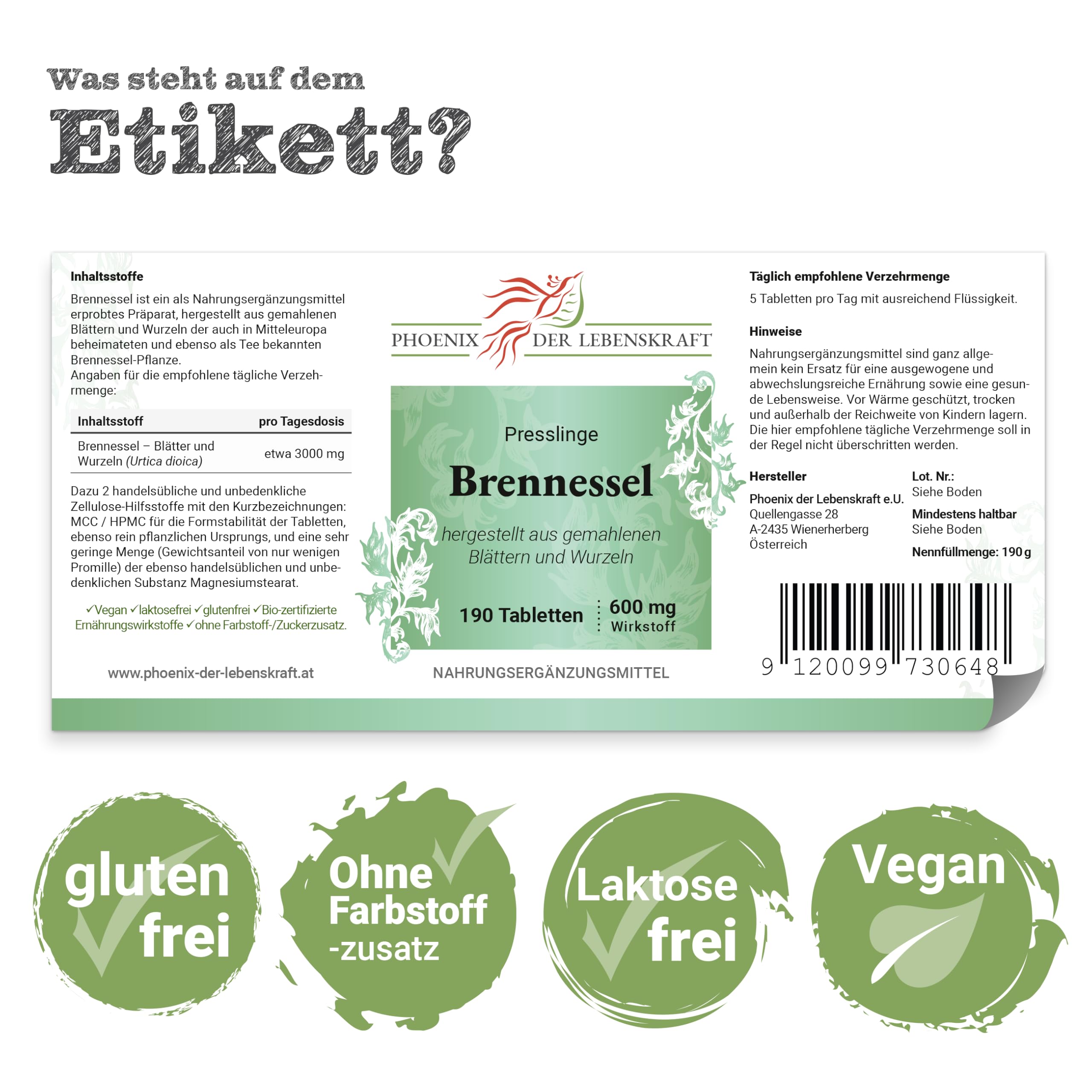Brennessel Tabletten 600mg | 190 Tabletten Urtica dioica | Tabletten statt Kapseln | Gemeine Nessel, Große Nessel, Grosse Brennnessel