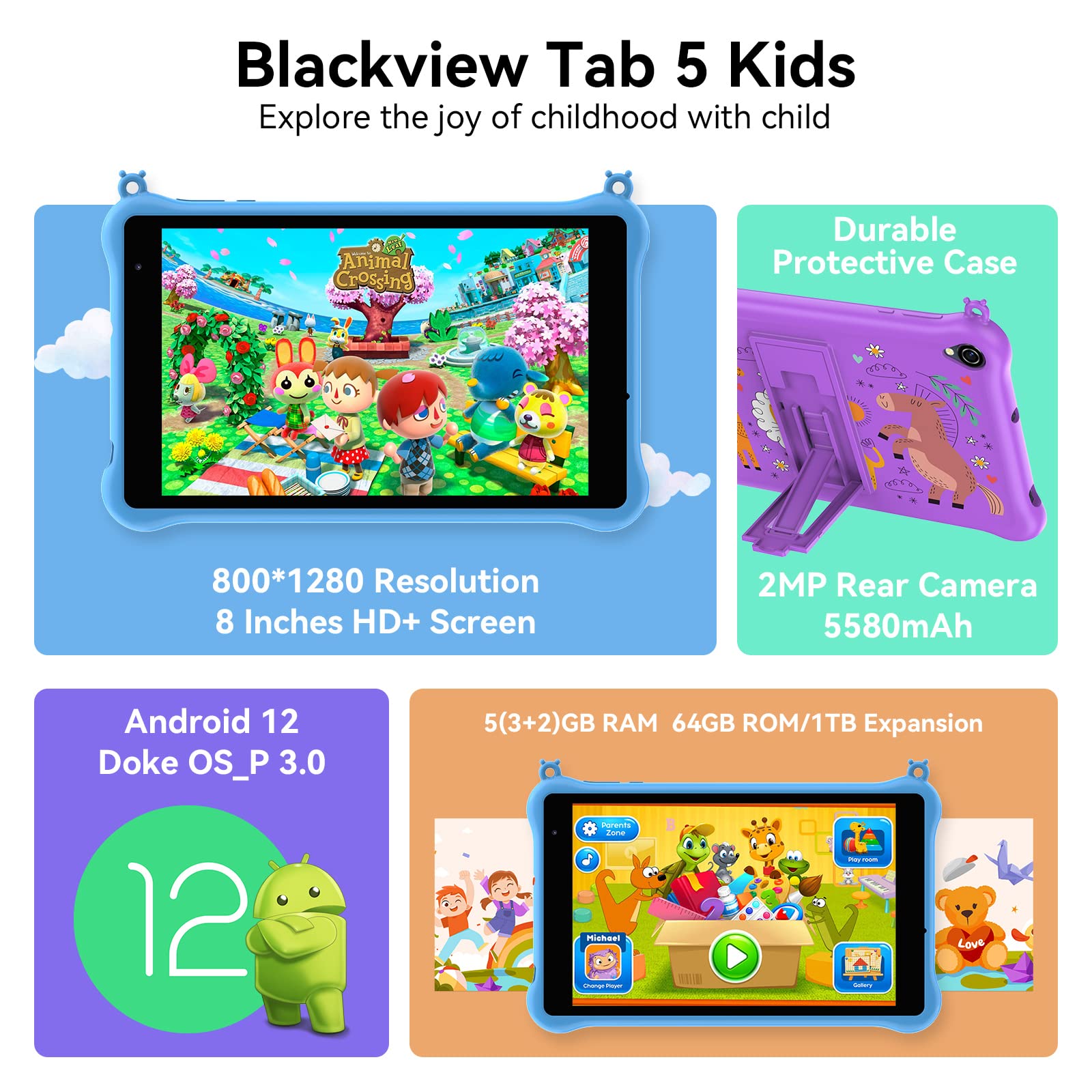 Blackview Tab5 Kids Tablet 8 inch, Android 12 Tablet for Kids, 5GB