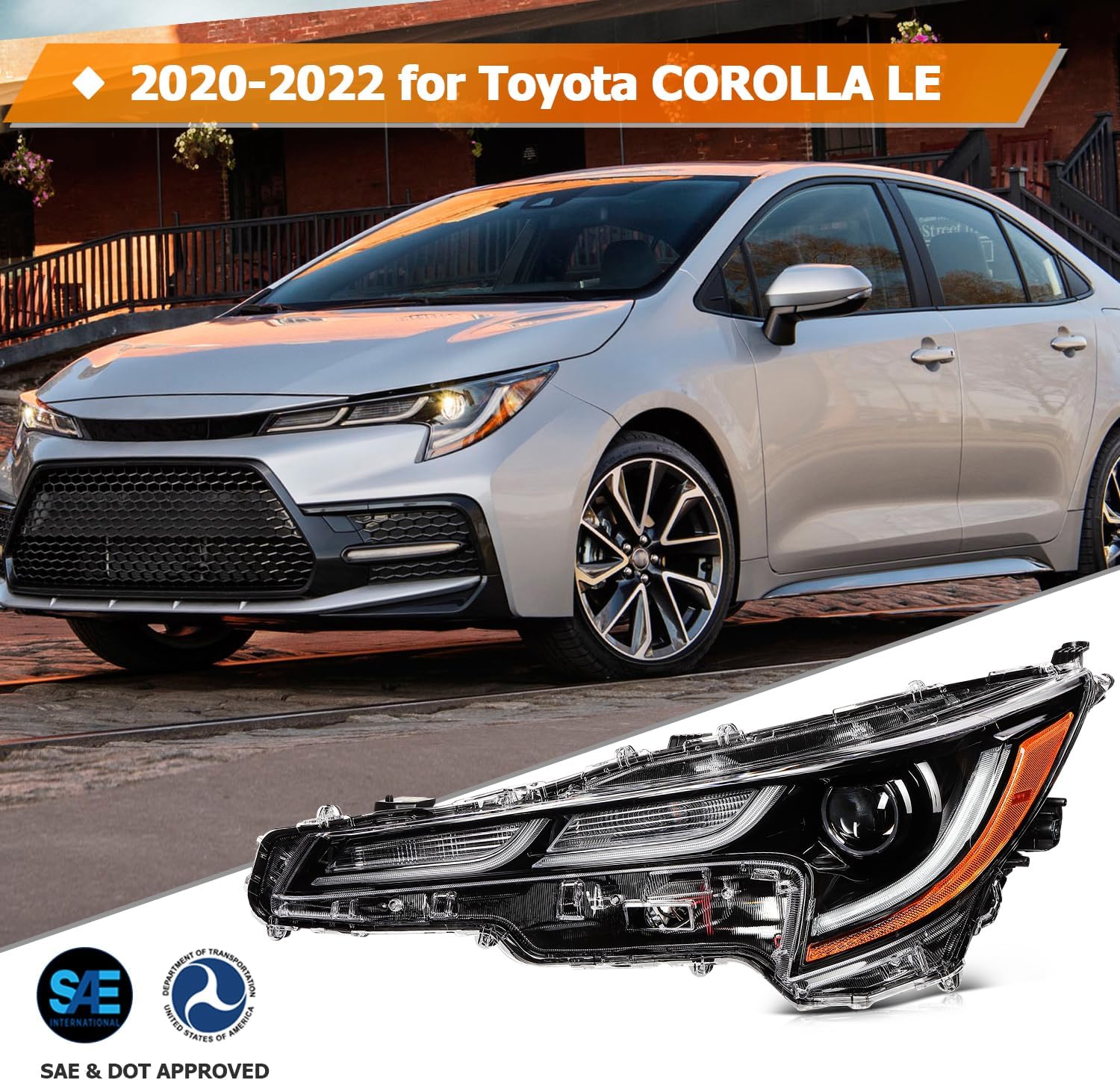 Headlight Assembly Fit 2020-2022 for Toyota COROLLA LE Black Housing Amber Reflector Driver and Passenger Side 81110-02S50 81150-02S50
