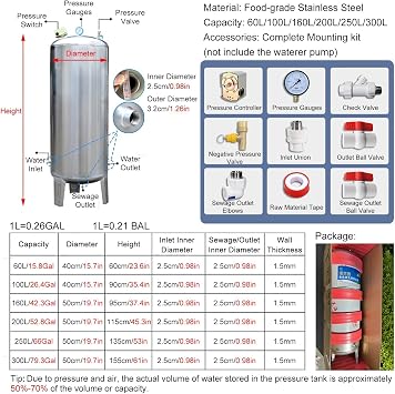 Portable Water Storage Tank 304 Stainless Steel, 50 100 120 150 200 300L Vertical Home Garden Pressurized Water Tanks, Large Water Containers for Hot Water Heater(300L/79.3Gal)