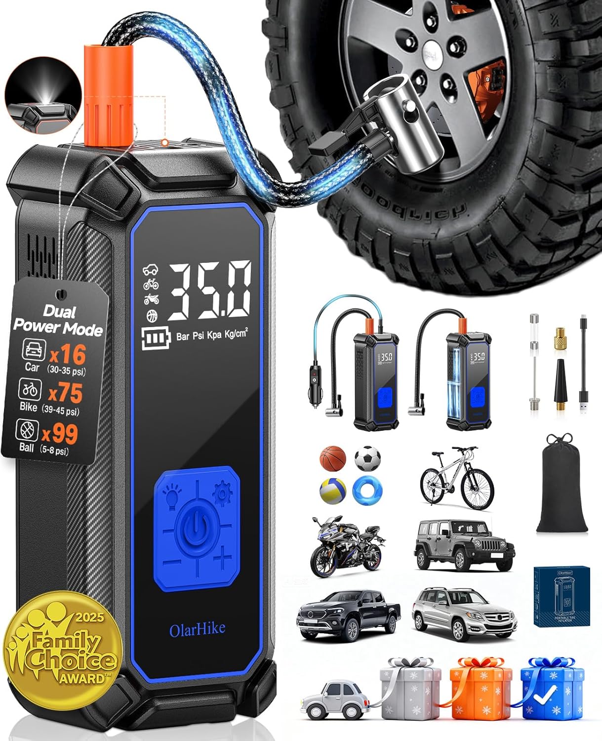 olarhike cordless tire inflator portable air compressor, 150psi dual power - 5400 mah & 12v dc, air pump for car tires, bike, motorcycle, bicycle, electric pump with led light & digital pressure gauge 2-blue 5400mah with cable (car&suv)