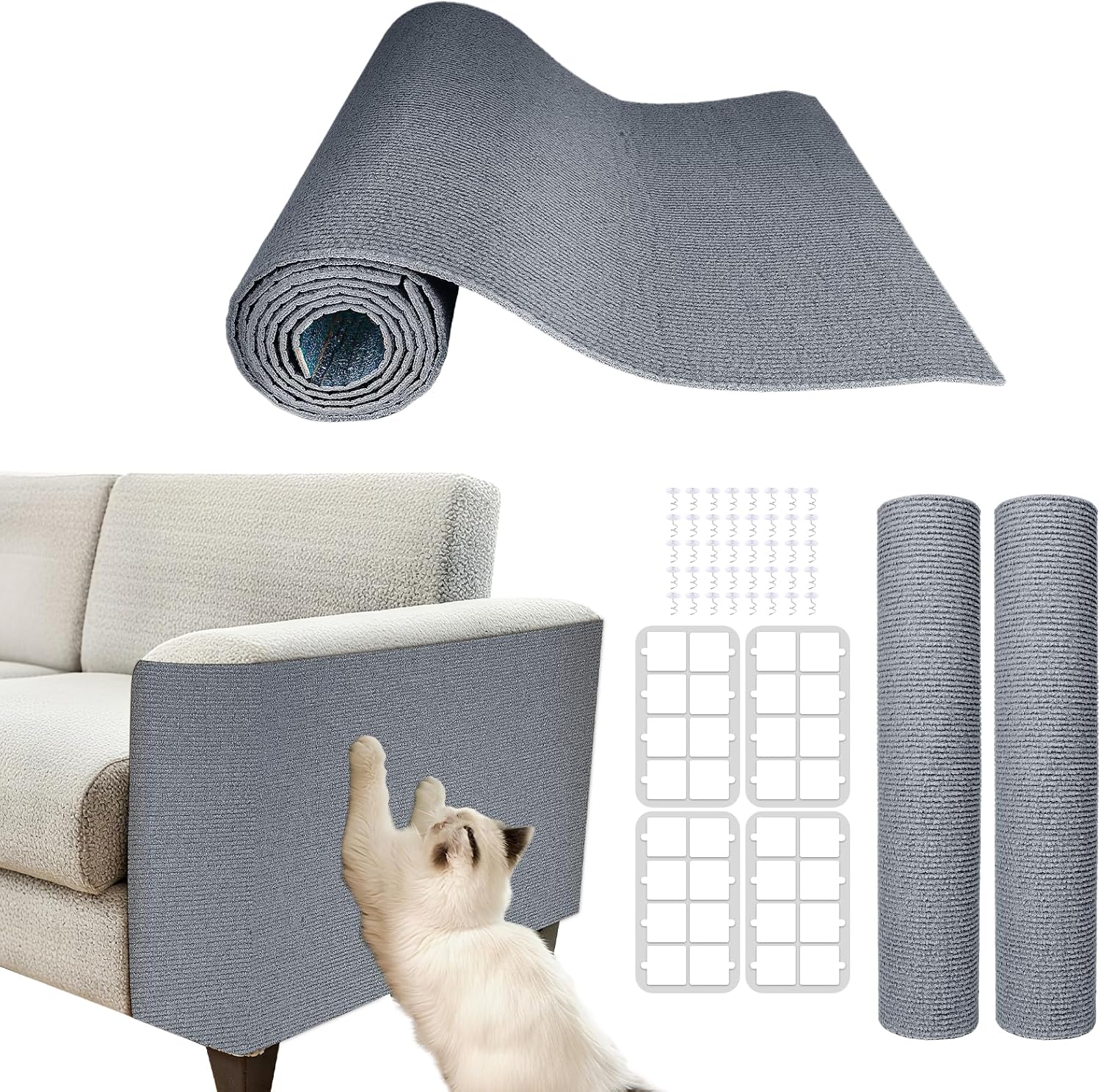 Cat Scratch Mat for Couch, Wall & Cat Tree - 78.7" Trimmable Self-Adhesive Cat Scratcher, Cat Scratch Furniture Protector, Felt Alternative to Sisal, DIY Cat Tower Replacement, 2 Pack(Light Grey)