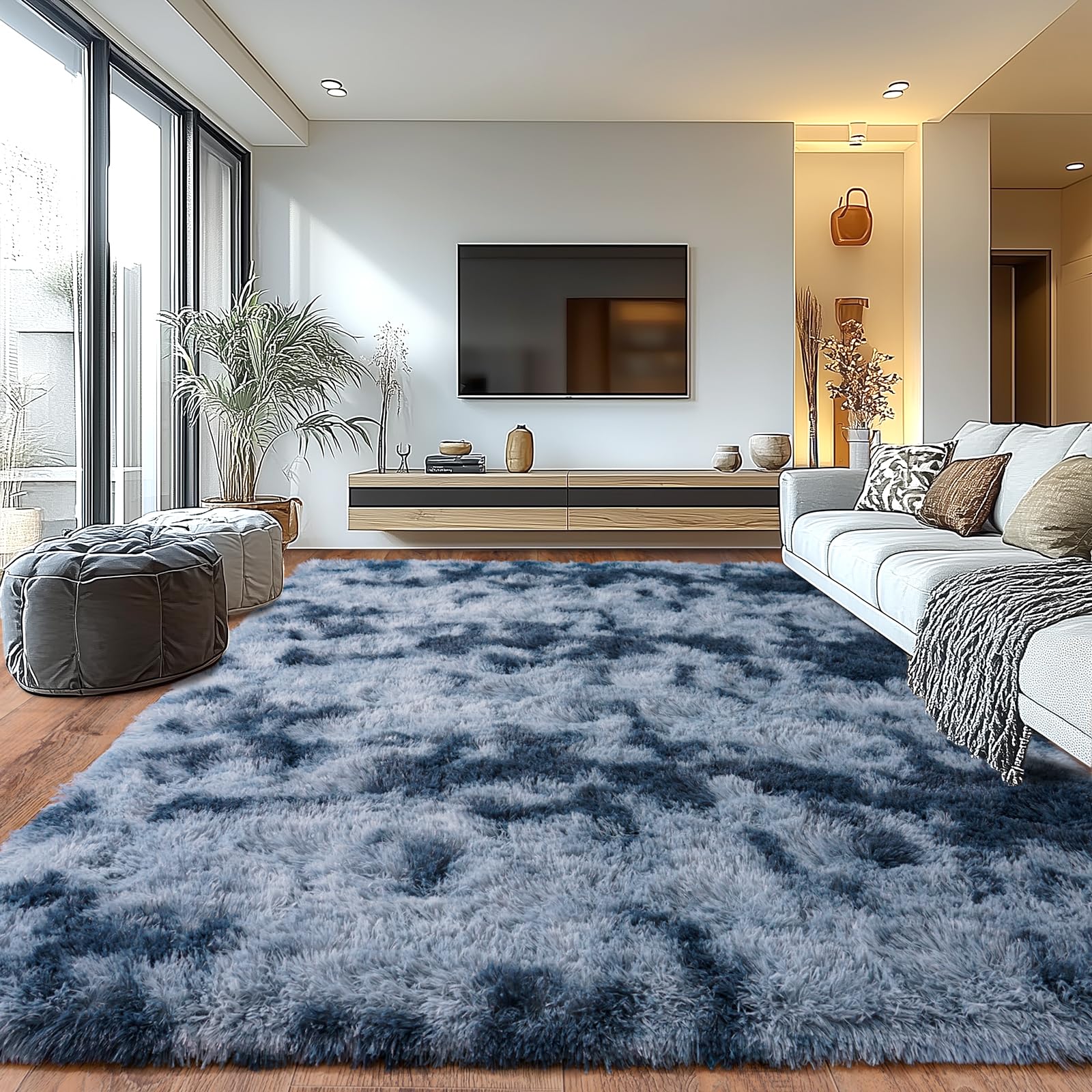 Photo 1 of 10x14ft Living Room Shag Area Rug, Upgrade Non-Slip Fluffy Carpet Blue Grey