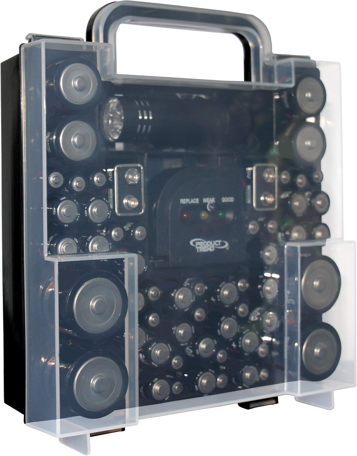 Compact Battery Organizer Pro and Tester with LED Flashlight, Holds 58 Assorted Batteries - Black