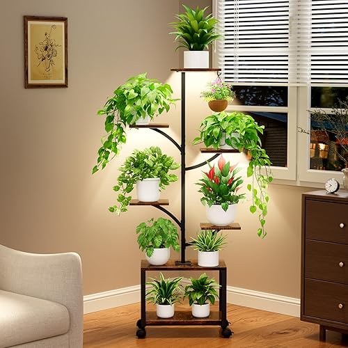 Miniatura 7 de Soporte para plantas de interior con luces de cultivo y ruedas, estante de esquina móvil de 7 niveles de 60 pulgadas de alto para plantas de