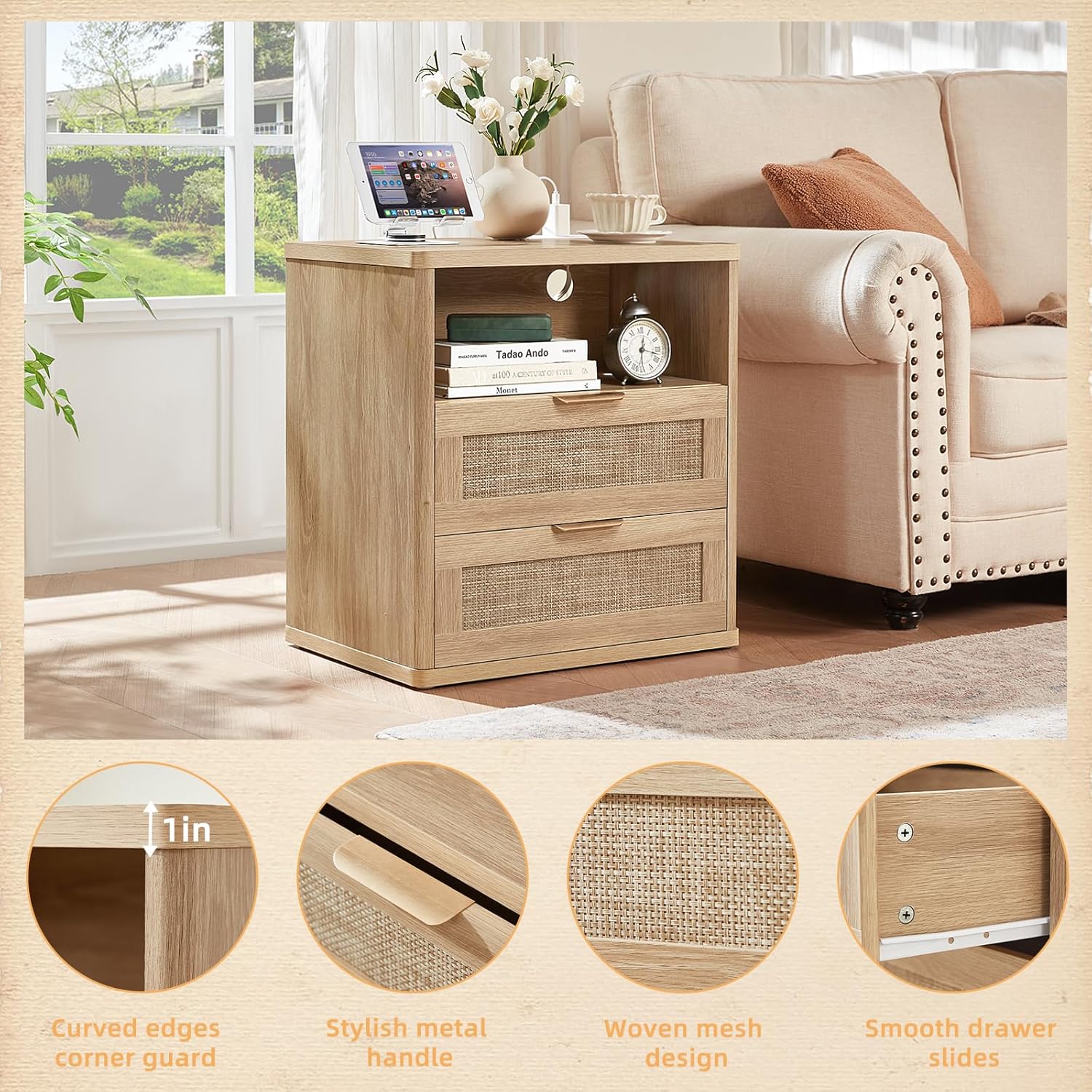 LEYAOYAO Rattan Nightstands Set of 2 with Charger Station, 23" Wide Boho Night Stand with 2 Drawers, Natural Wood Bedside Table Open Shlef, Bed Side End Table Dresser for Bedroom, Living Room Hallway