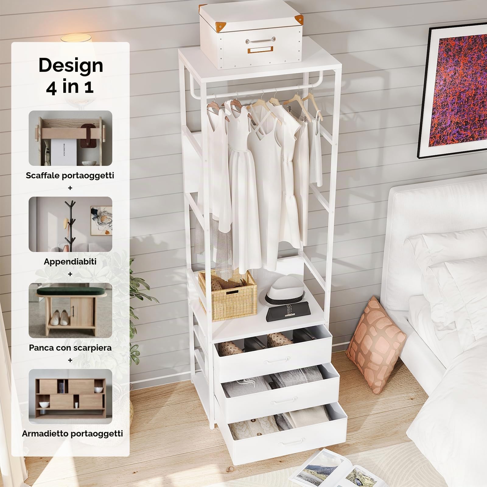 VOWNER Appendiabiti da Terra con Panca e 3 Cassetti, Mobile Ingresso Multifunzionale 60cm, Stand Appendiabiti con Barra e Scarpiera, Attaccapanni Salvaspazio Moderno per Corridoio e Camera, Bianco